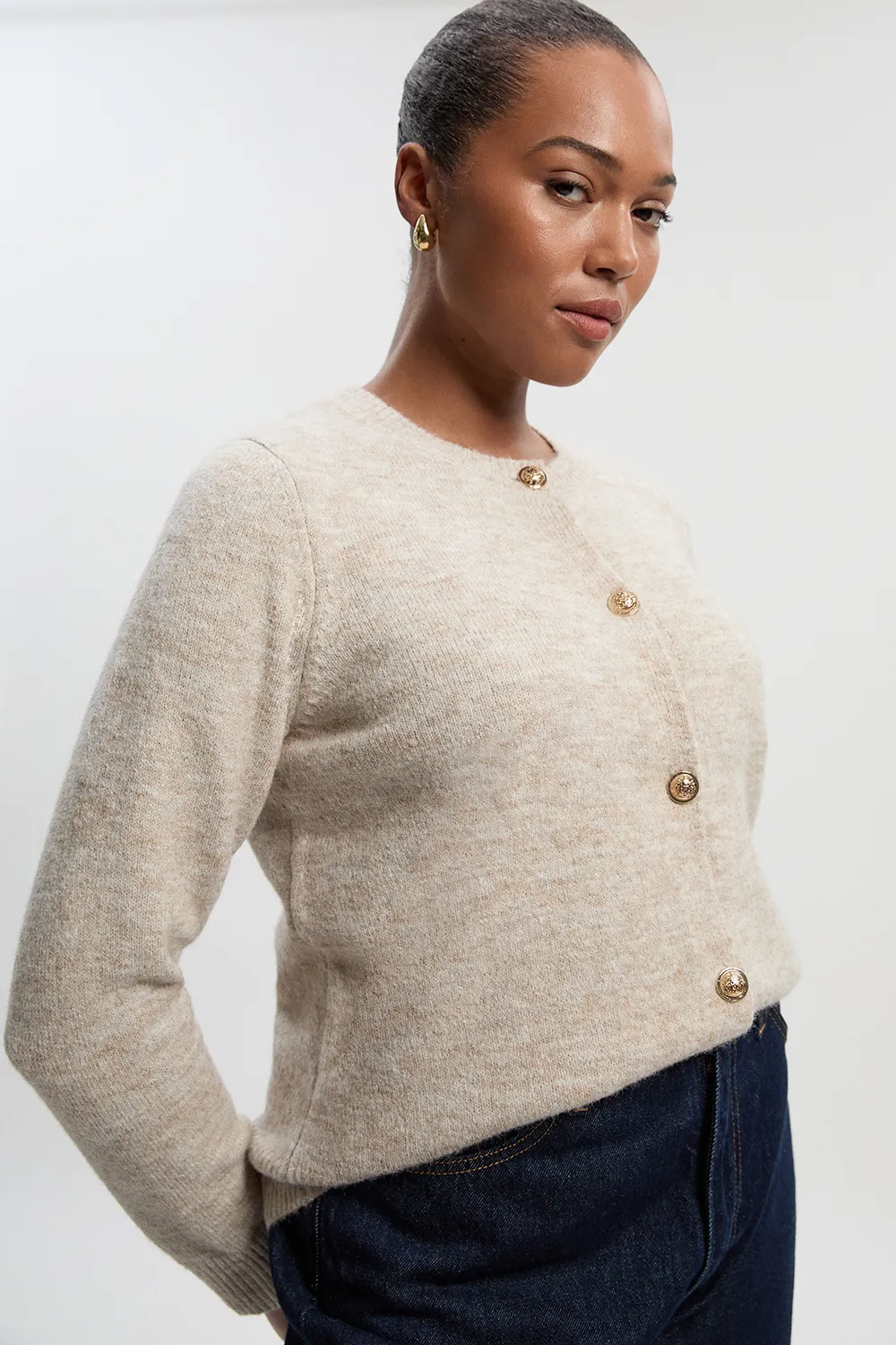 Plus Size Wool Blend Cosy Crew Neck Knit Cardi BKK26640