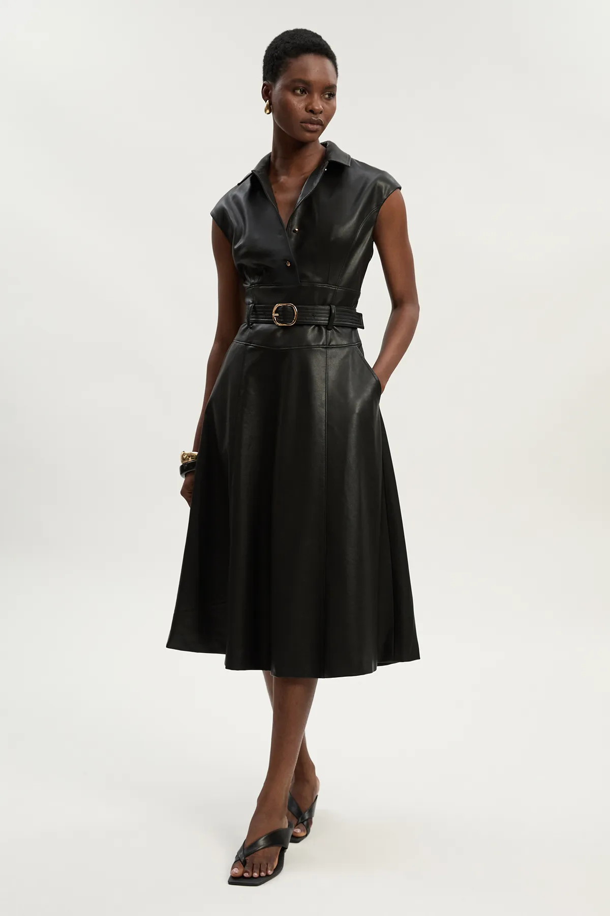 Faux Leather Belted Midi Dress BKK26677