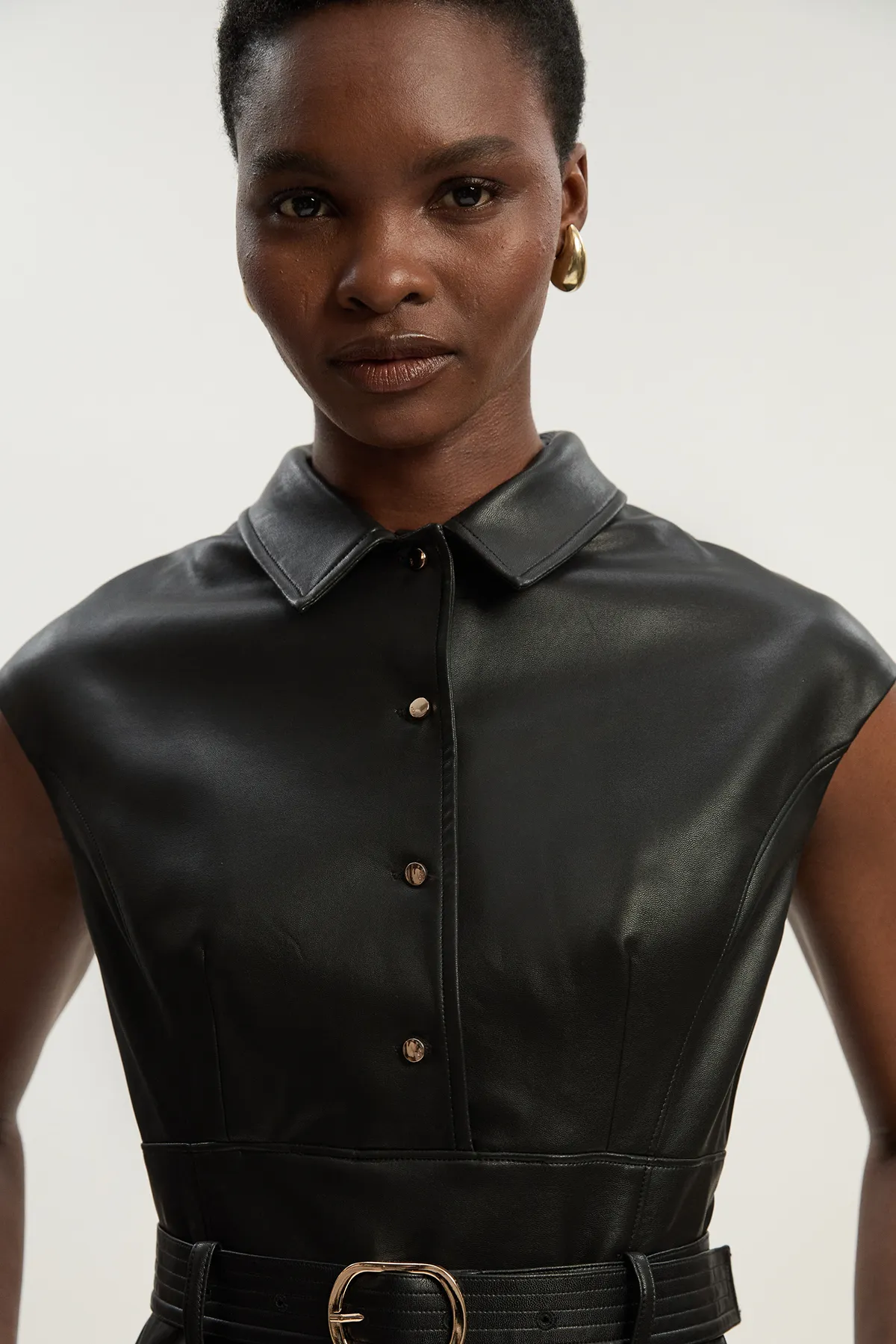 Faux Leather Belted Midi Dress BKK26677