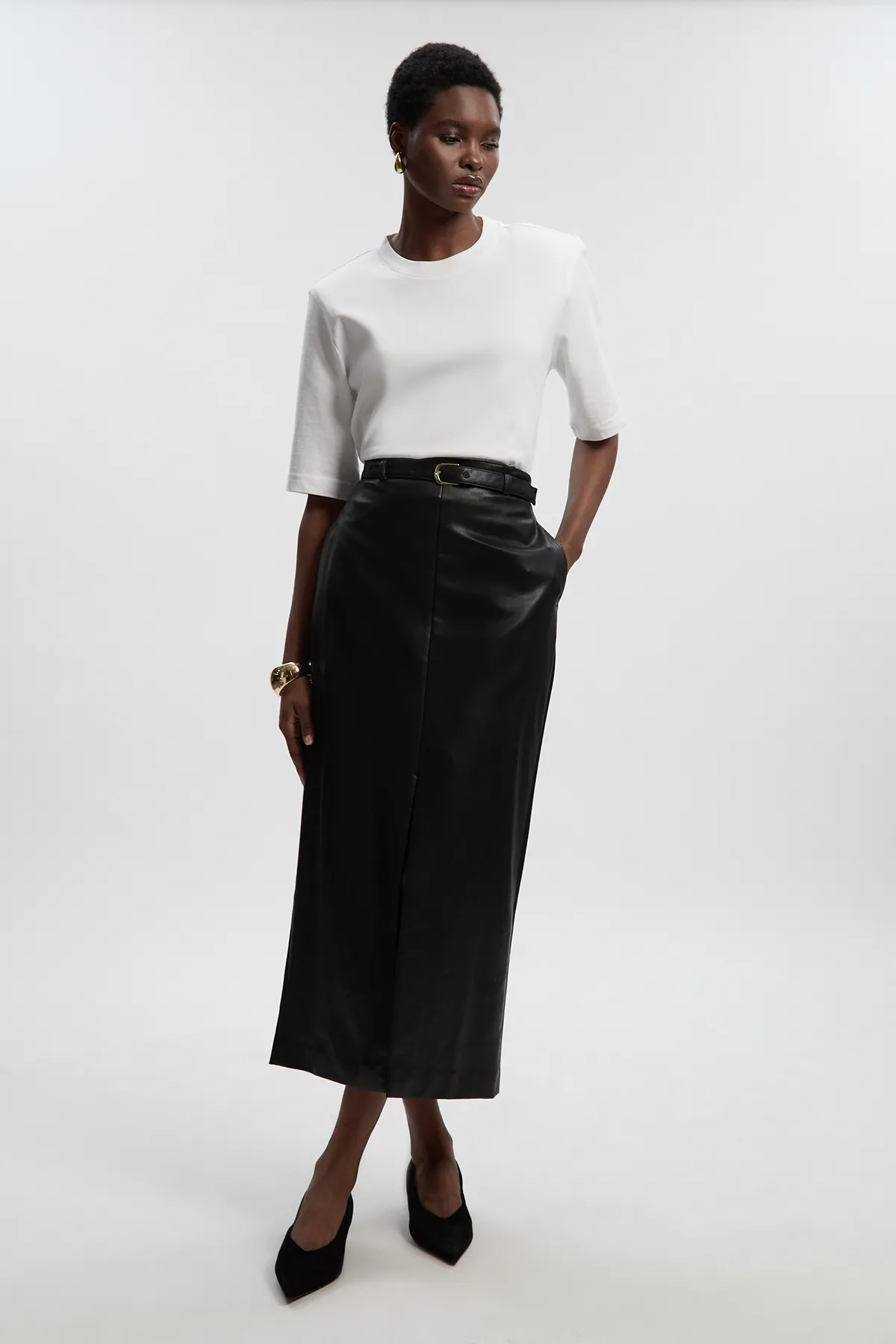 Faux Leather Tailored Midi Pencil Skirt BKK26688