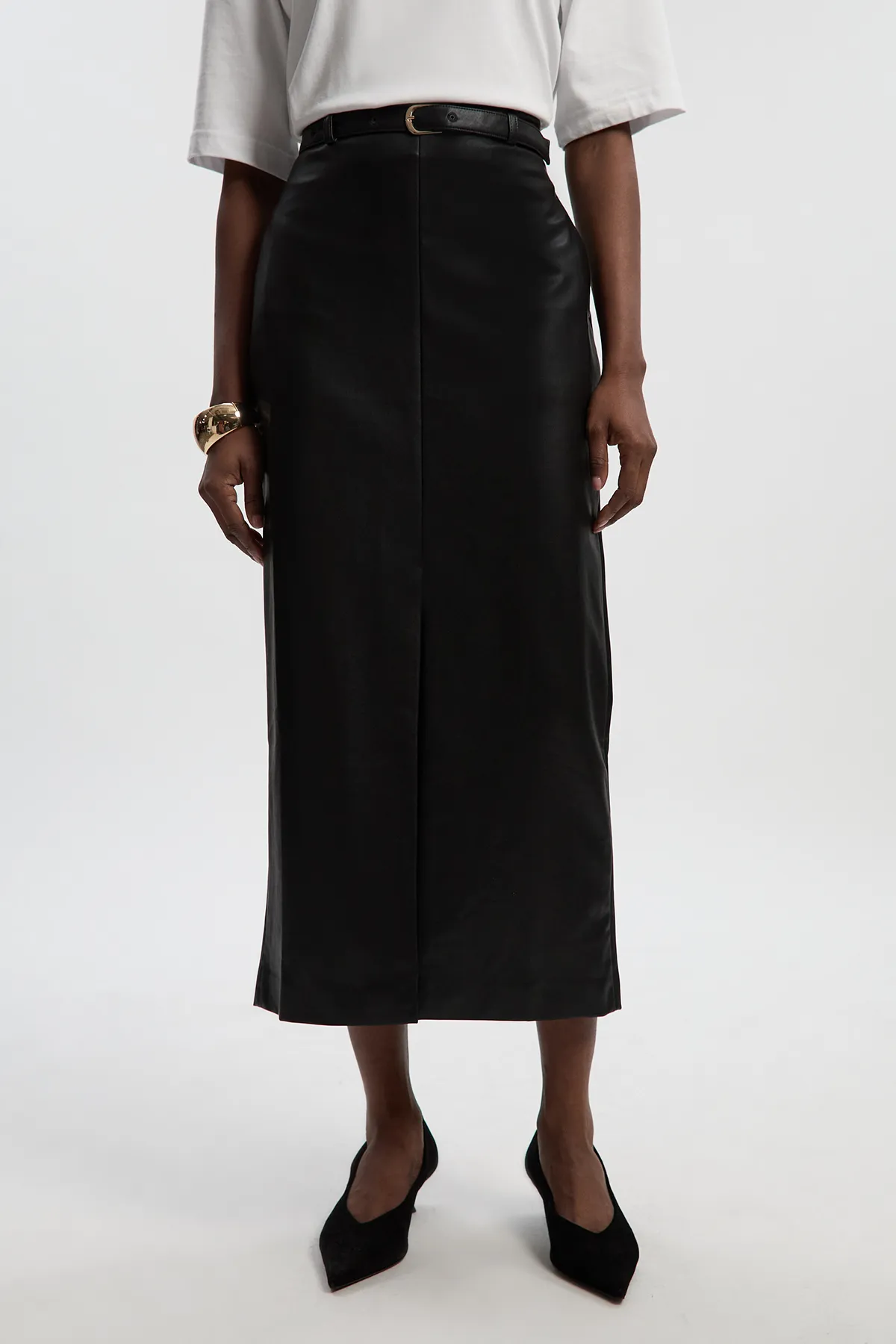Faux Leather Tailored Midi Pencil Skirt BKK26688