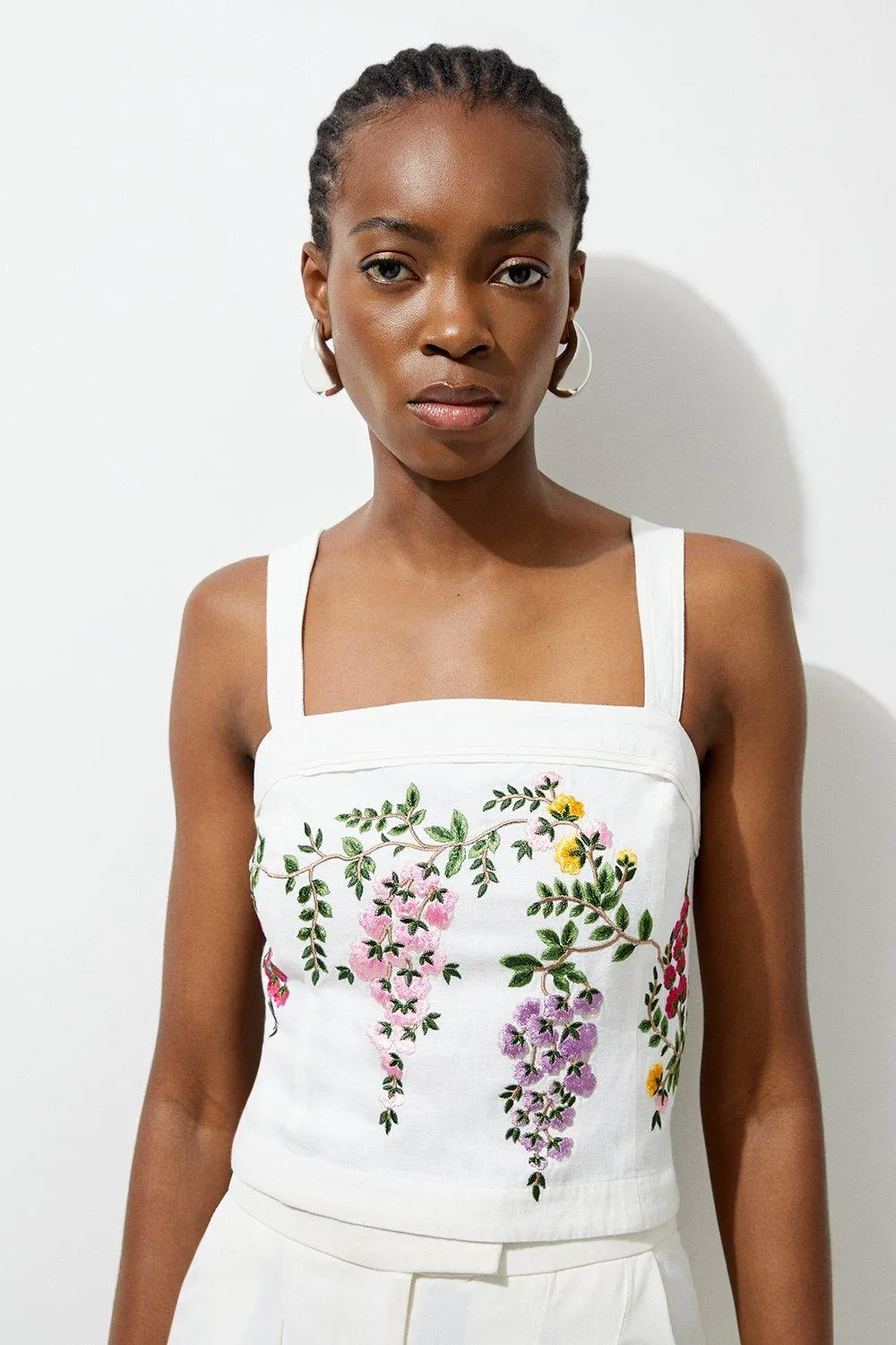 Floral Embroidered Cotton Linen Woven Strappy Top BKK18154