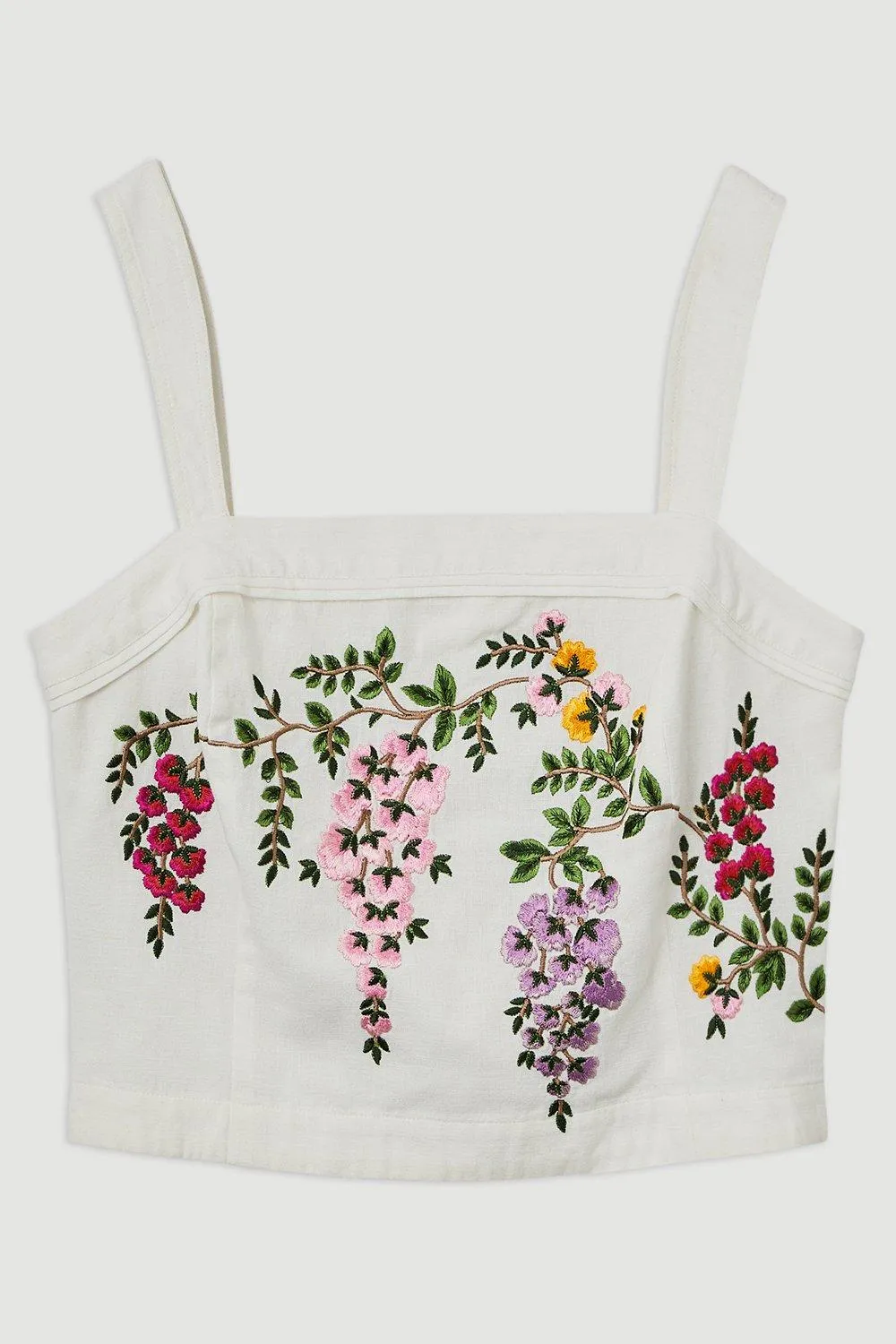 Floral Embroidered Cotton Linen Woven Strappy Top BKK18154