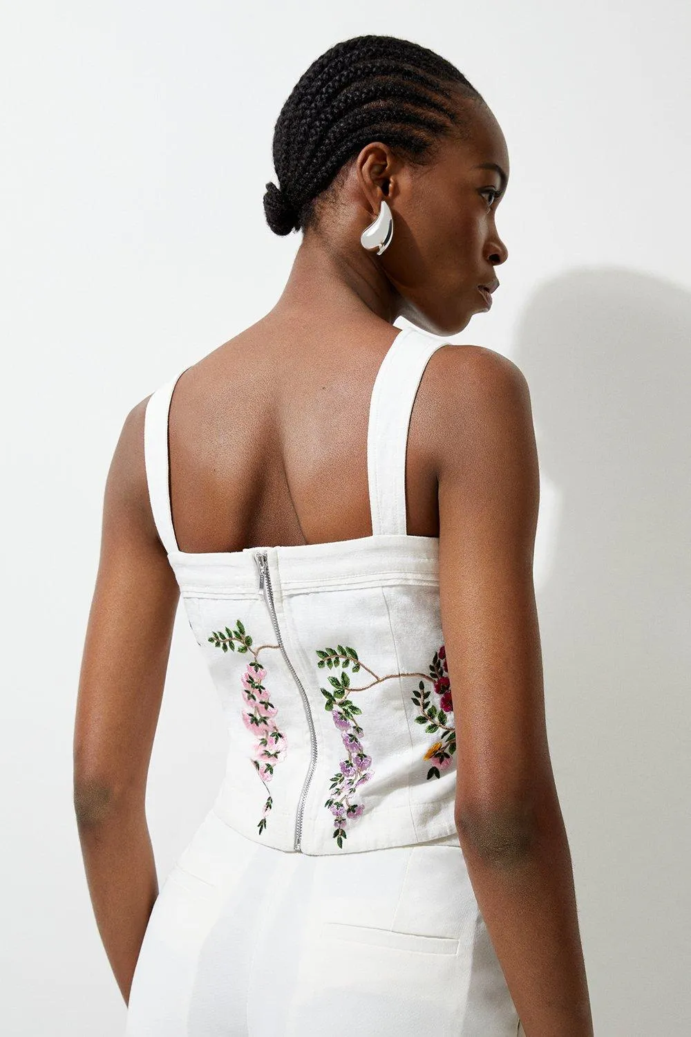 Floral Embroidered Cotton Linen Woven Strappy Top BKK18154