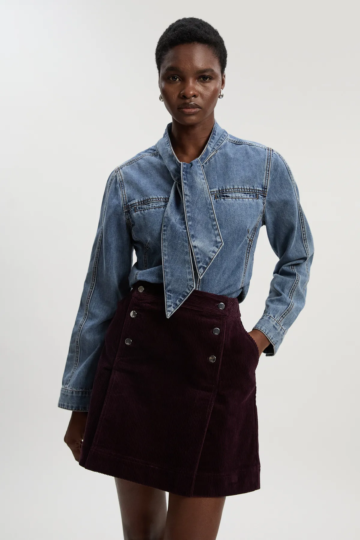 Cord Button Pleat Detail Mini Skirt BKK26693