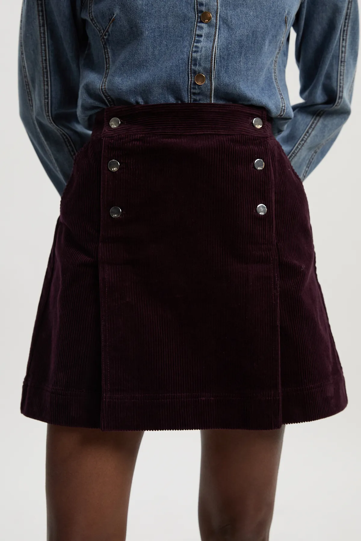 Cord Button Pleat Detail Mini Skirt BKK26693