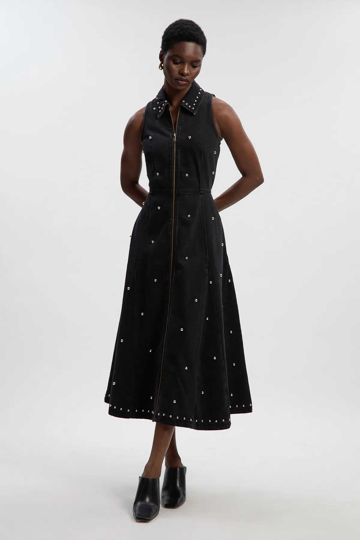 Denim Studded Sleeveless Midi Dress BKK26696