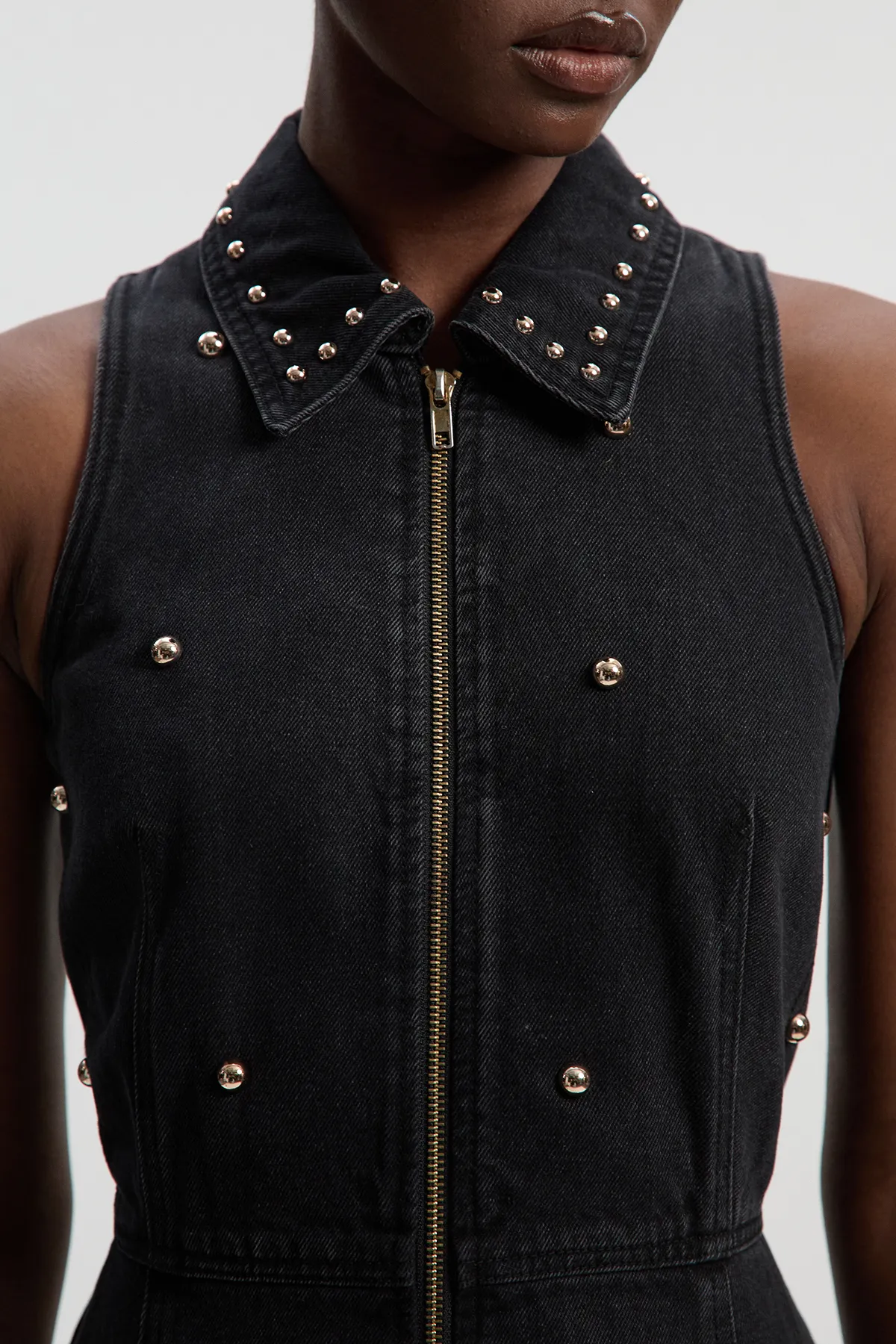 Denim Studded Sleeveless Midi Dress BKK26696