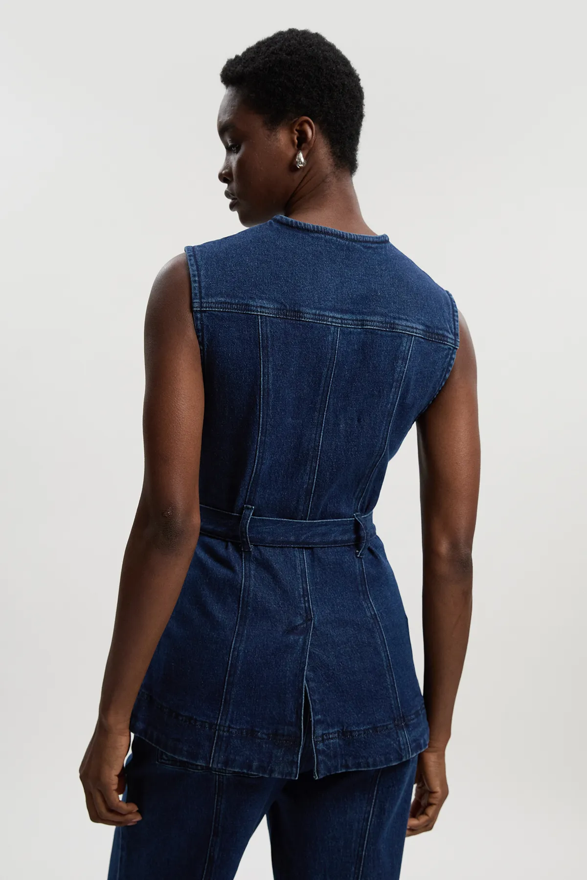 Denim Sleeveless Belted Jacket BKK26751 5 Denim Sleeveless Belted Jacket BKK26751