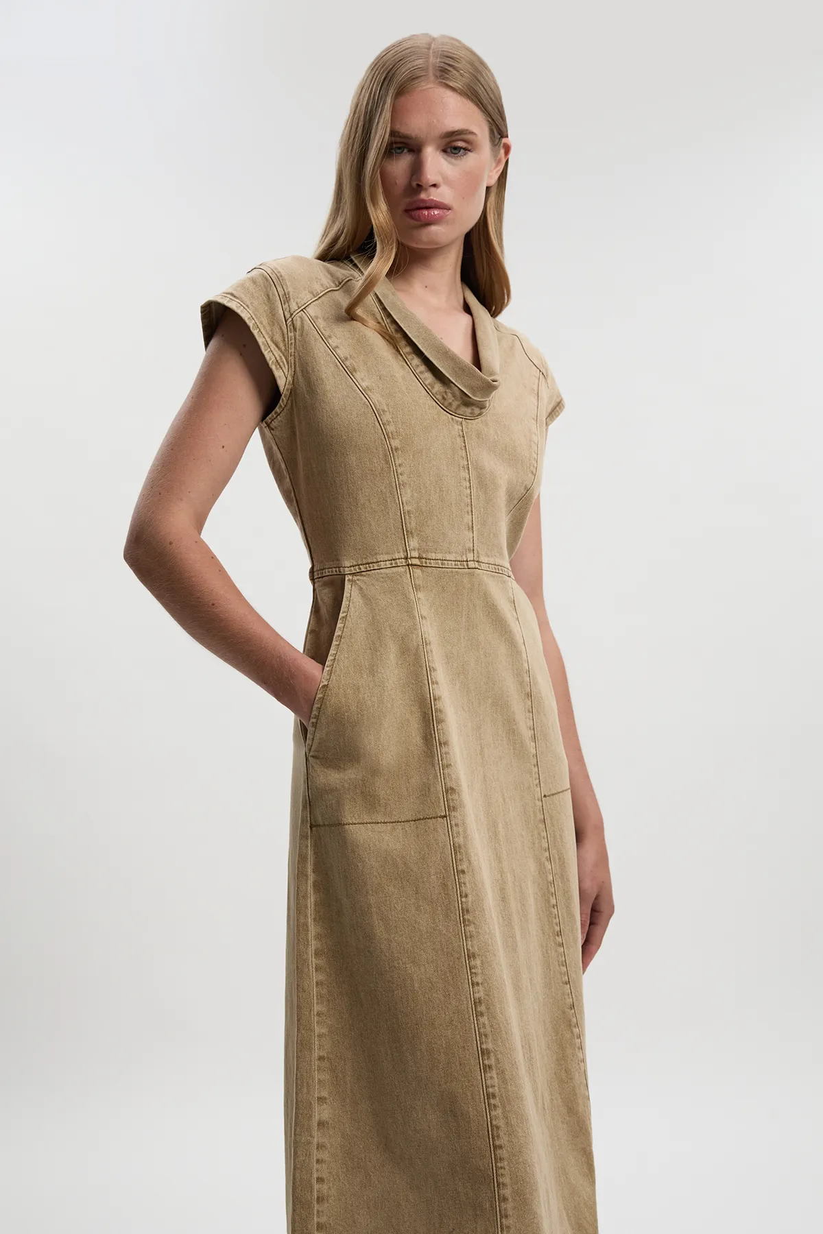 Denim Cowl Neck Midi Dress BKK26768