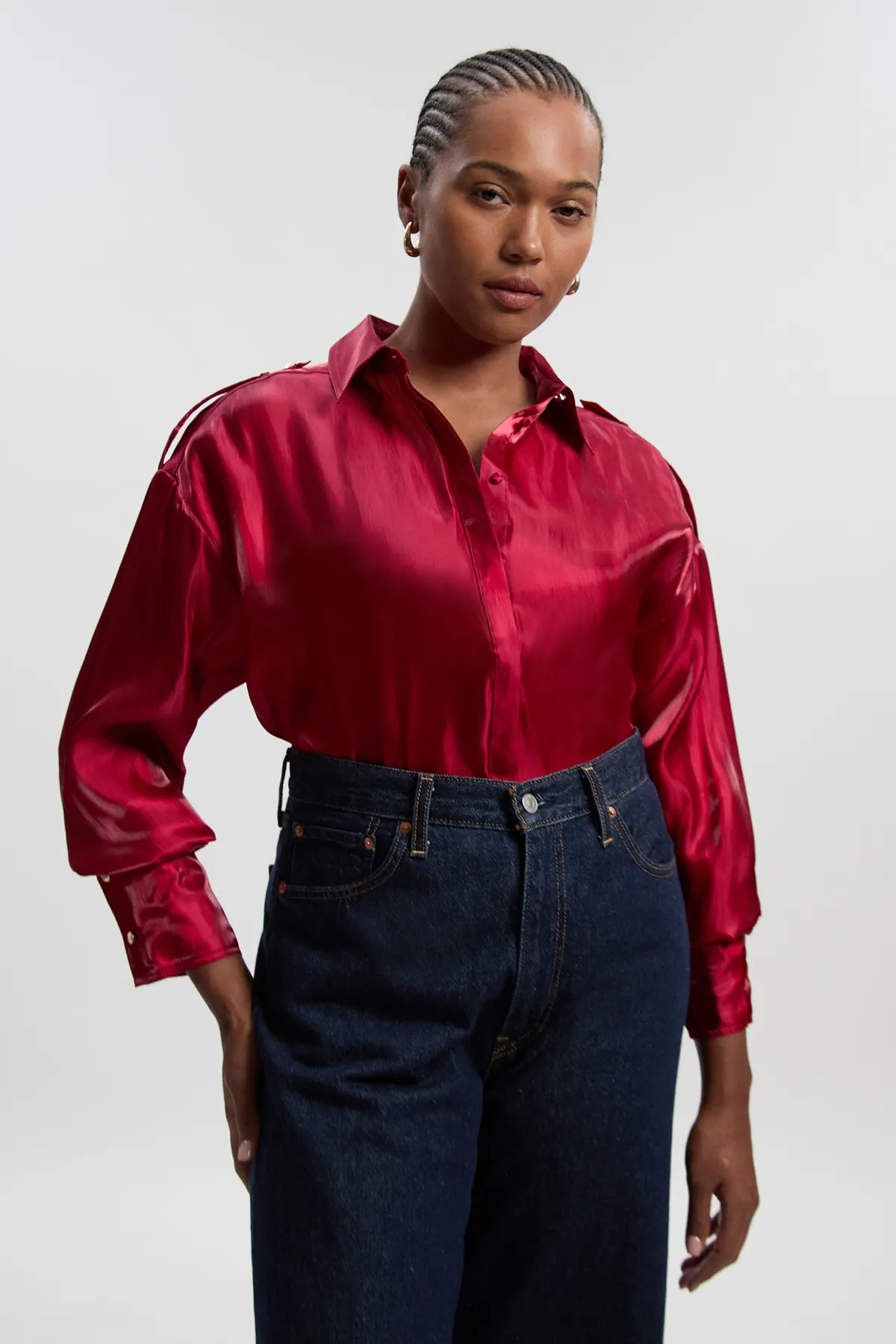 Plus Size Metallic Woven Collared Shirt BKK26796