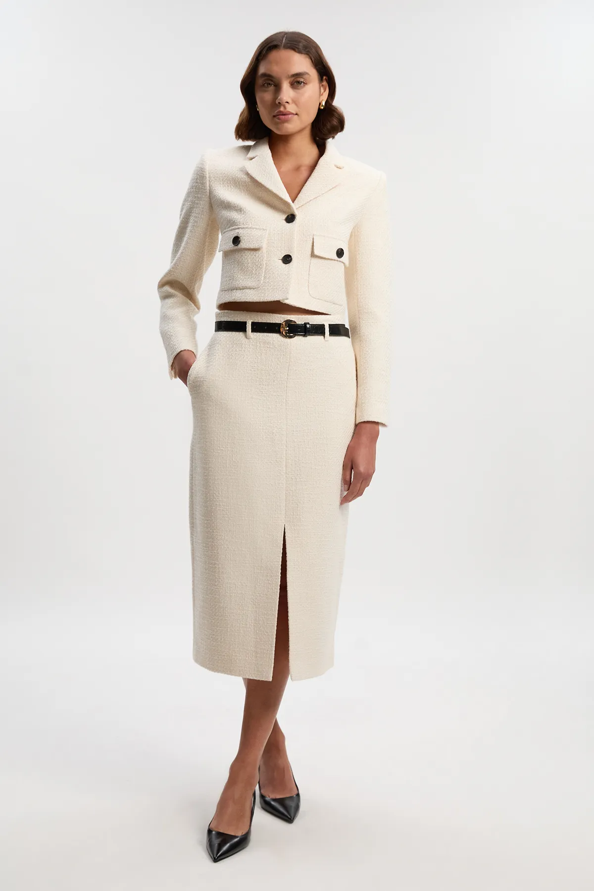 Textured Tweed Belted Tailored Pencil Skirt BKK26811