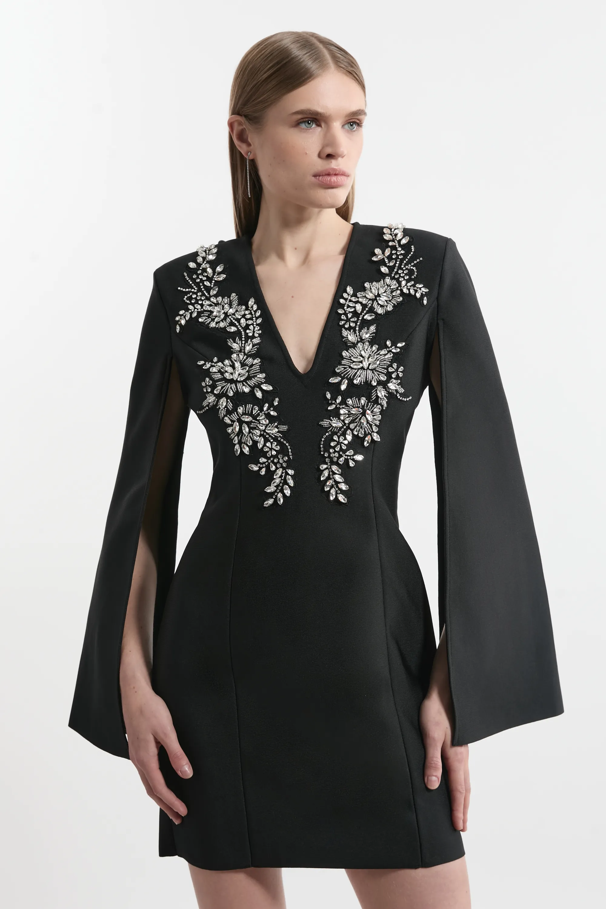 Bandage Form Fitting Cape Sleeve Embellished Mini Dress BKK26861