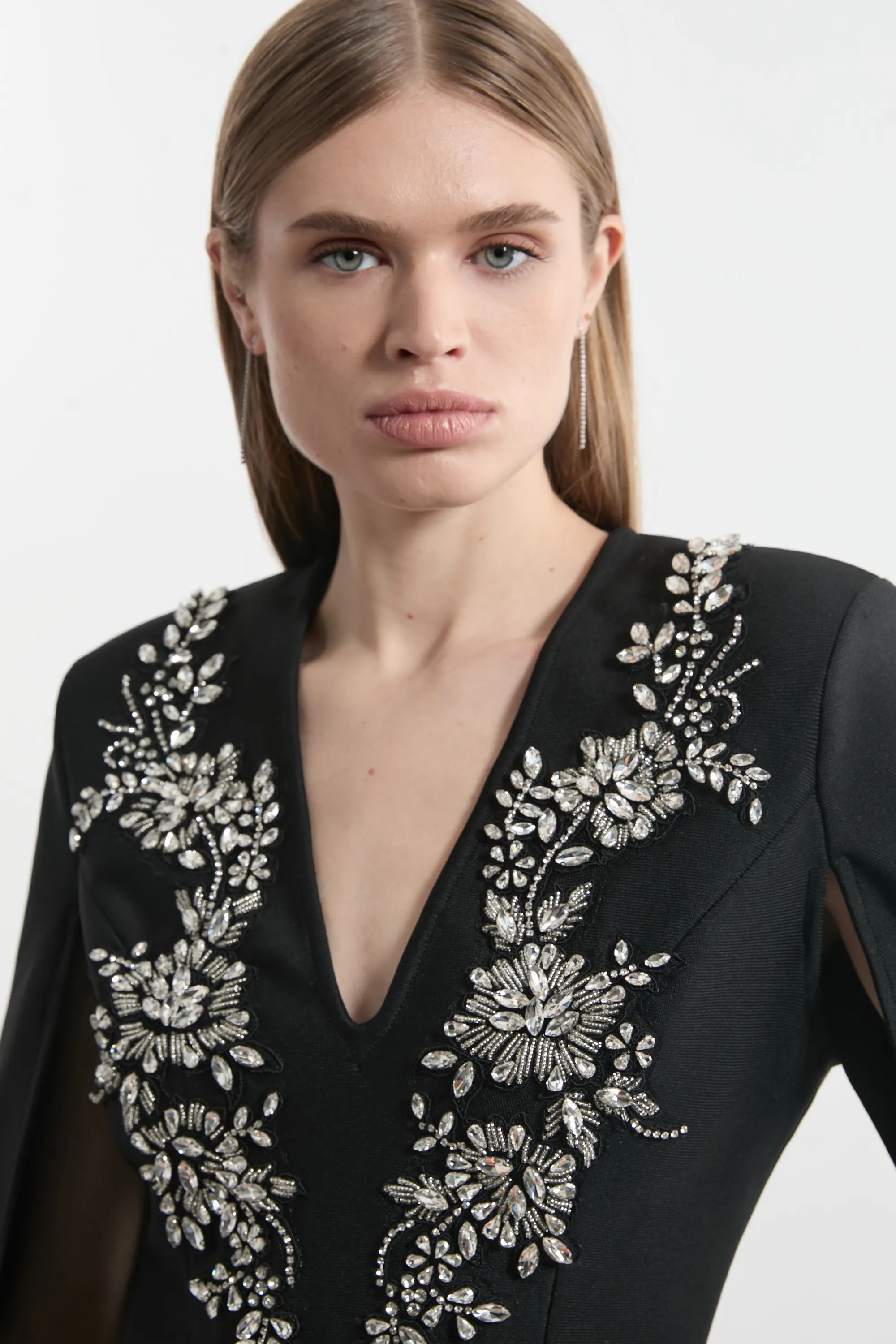 Bandage Form Fitting Cape Sleeve Embellished Mini Dress BKK26861