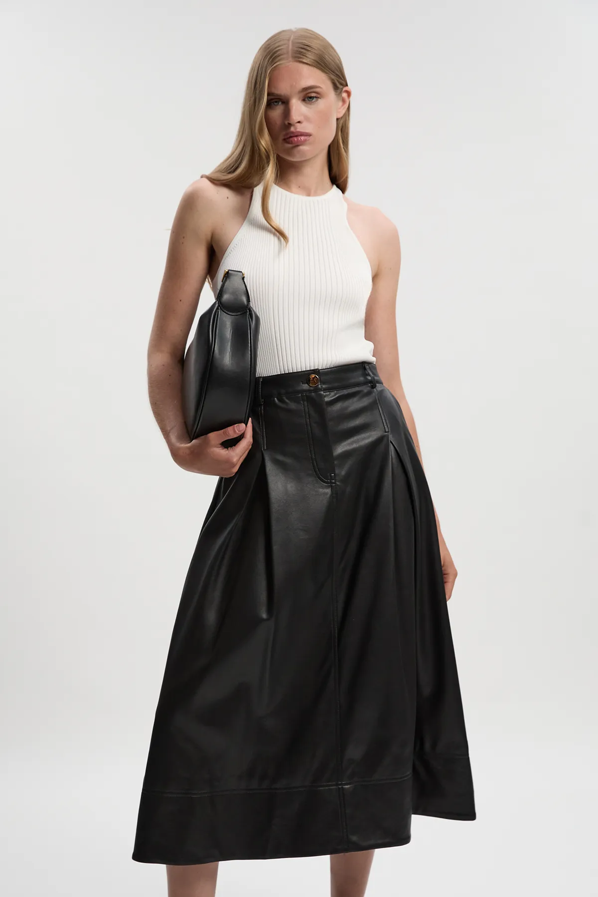 Faux Leather Tailored Full Midi Skirt BKK26870