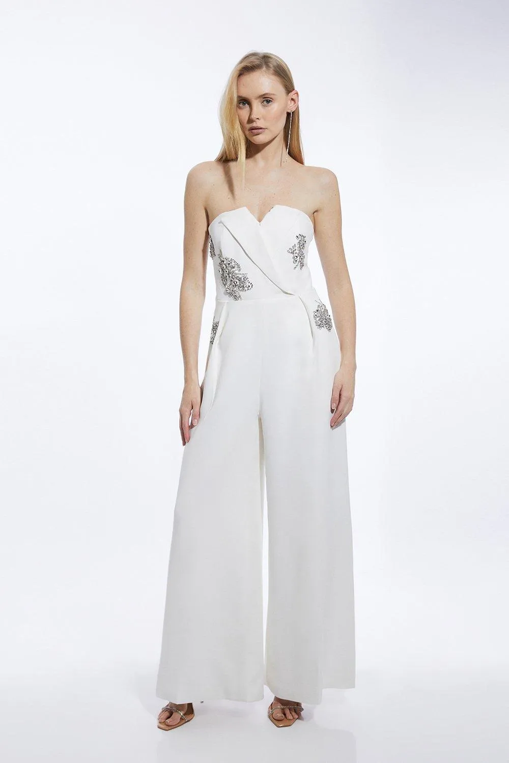 Petite Crystal Embellished Bandeau Tailored Wide Leg Jumpsuit BKK18204