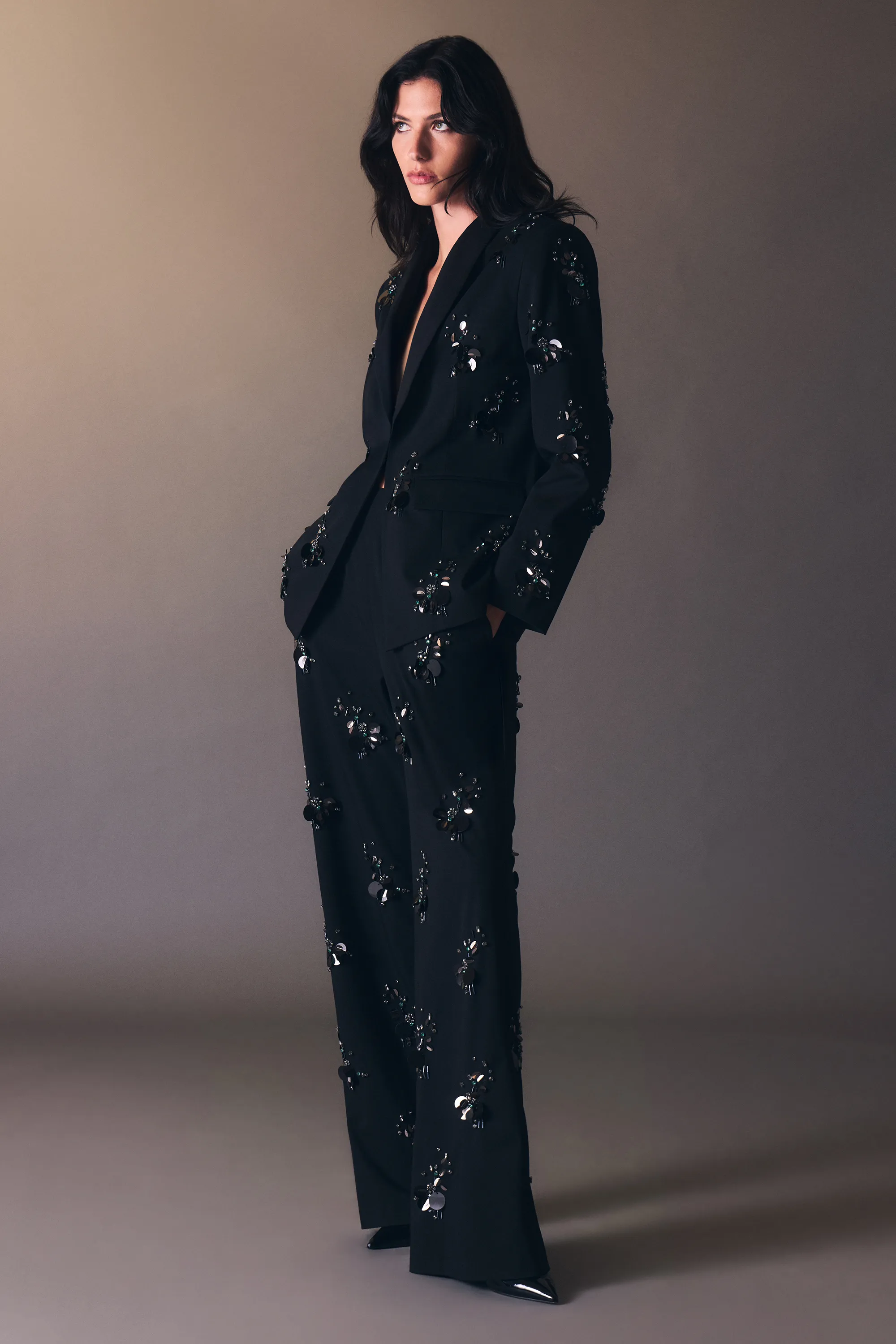 Cluster Sequin & Crystal Embellished Tailored Wide Leg Pants BKK26917