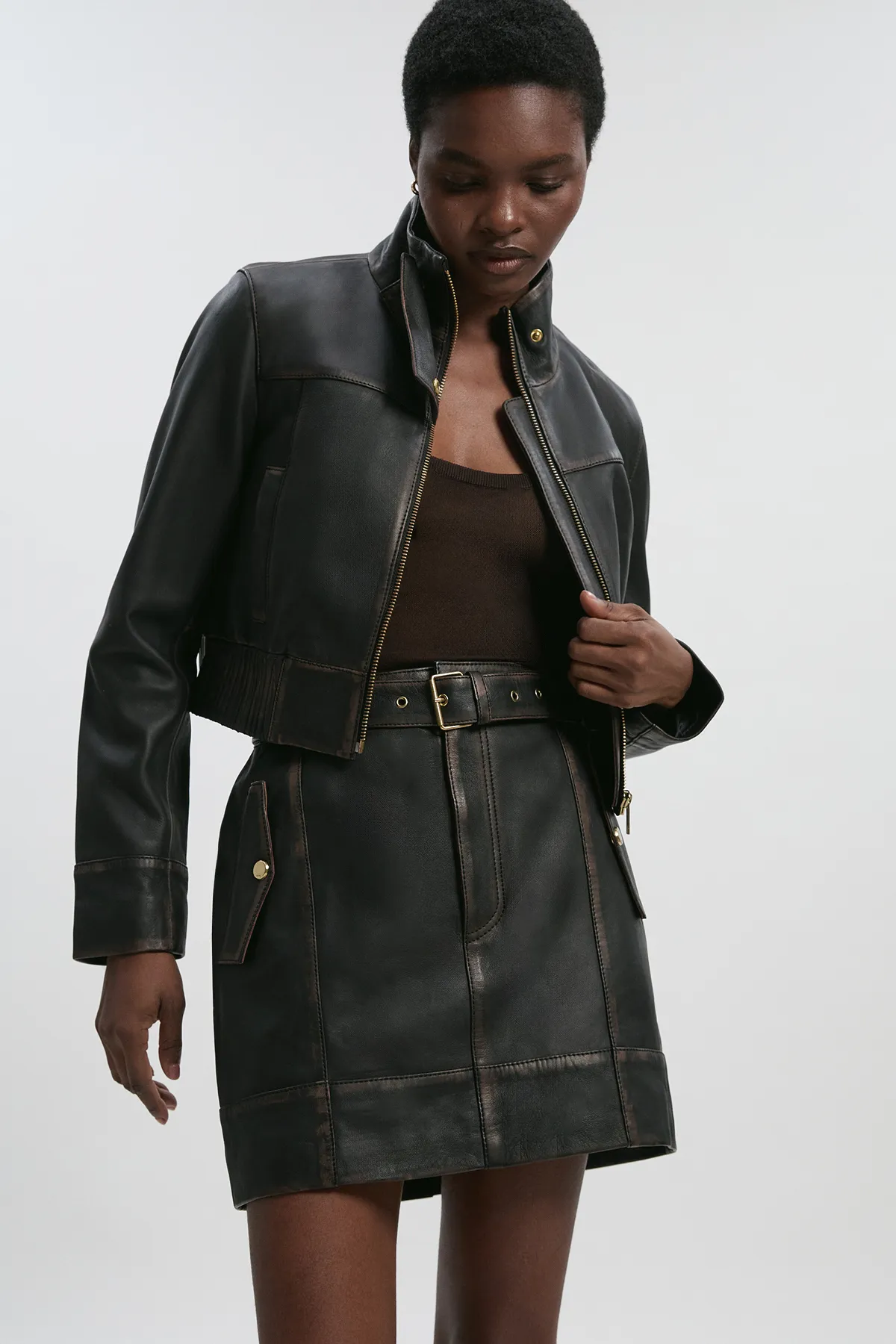 Leather Washed Belted Mini Skirt BKK26931