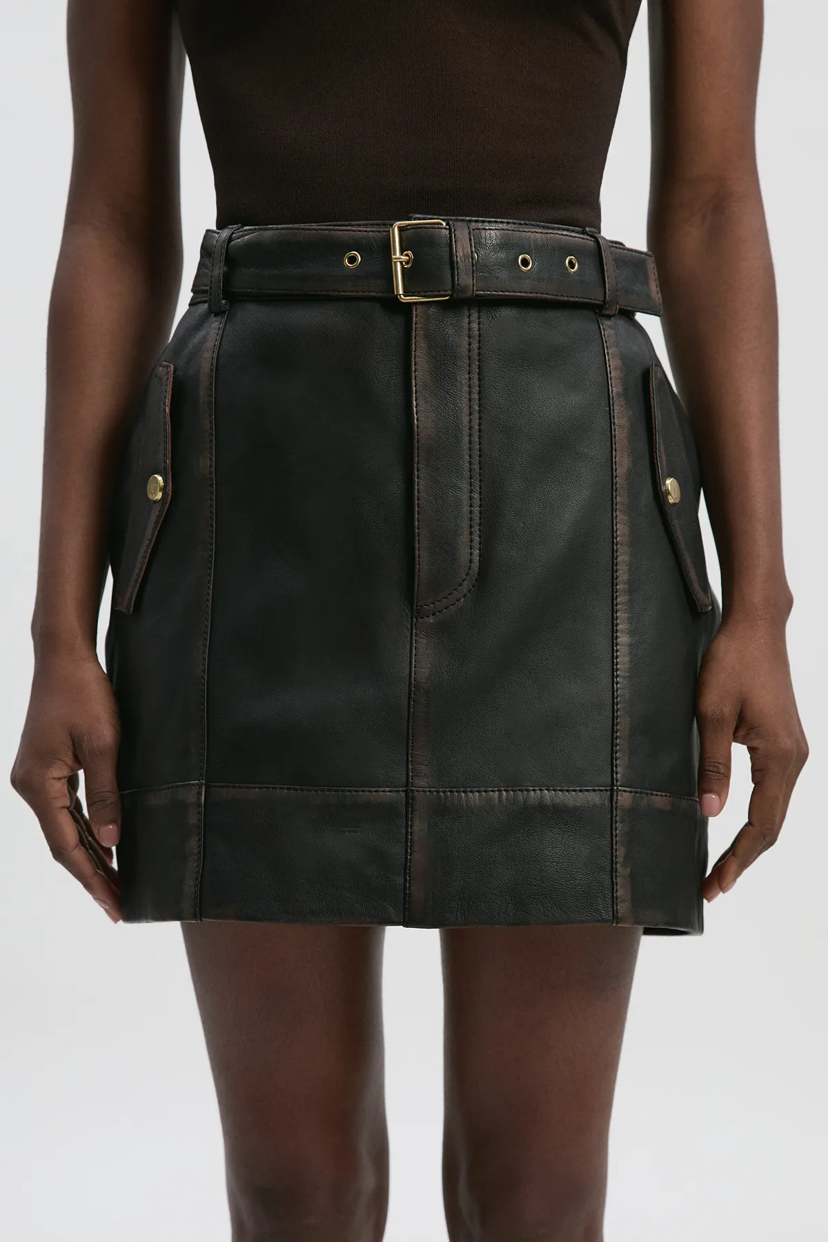 Leather Washed Belted Mini Skirt BKK26931