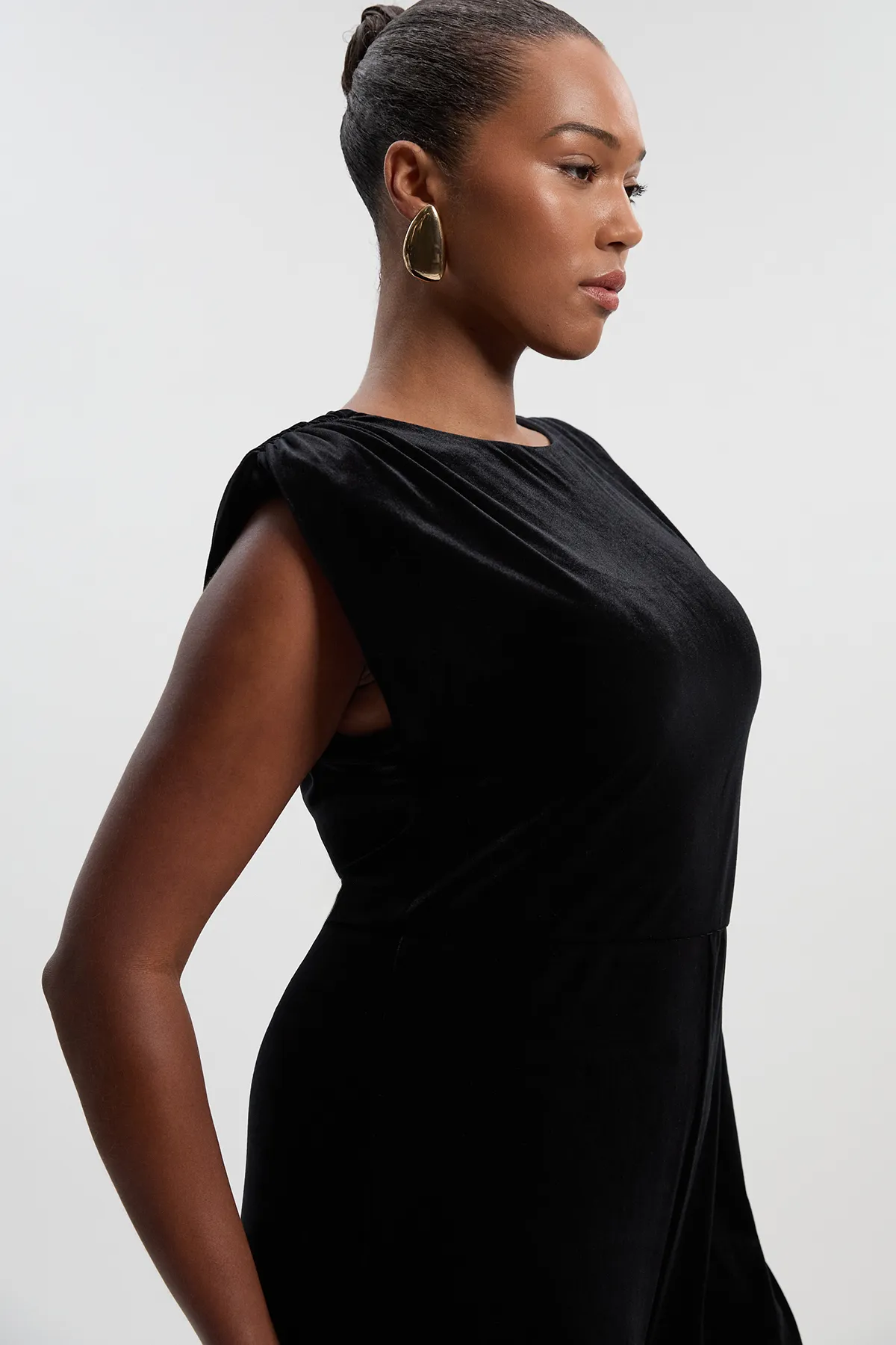 Plus Size Stretch Velvet Strong Shoulder Jumpsuit BKK27030