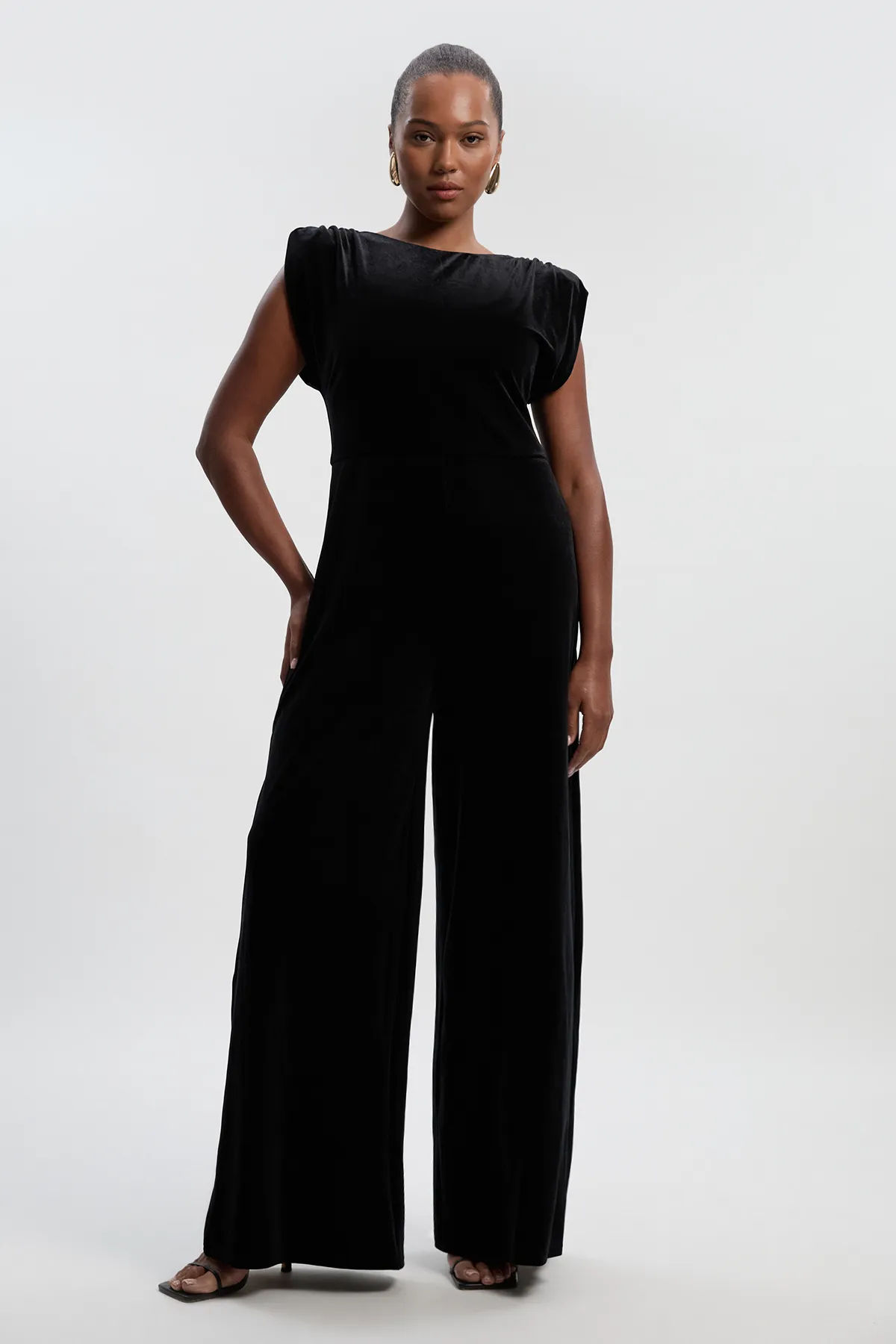 Plus Size Stretch Velvet Strong Shoulder Jumpsuit BKK27030