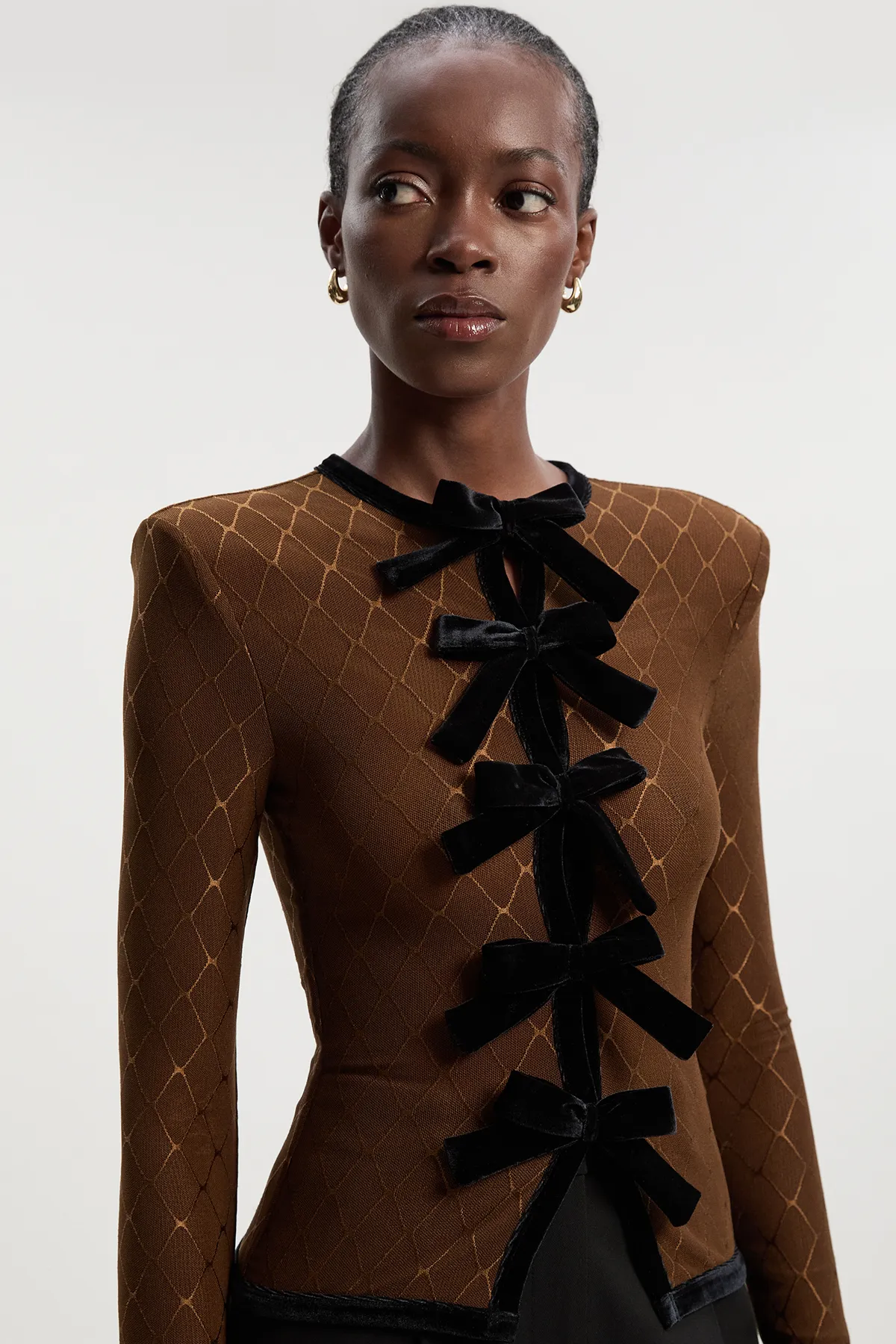 Mesh With Velvet Bow Trim Detail Crew Neck Long Sleeve Top BKK27034