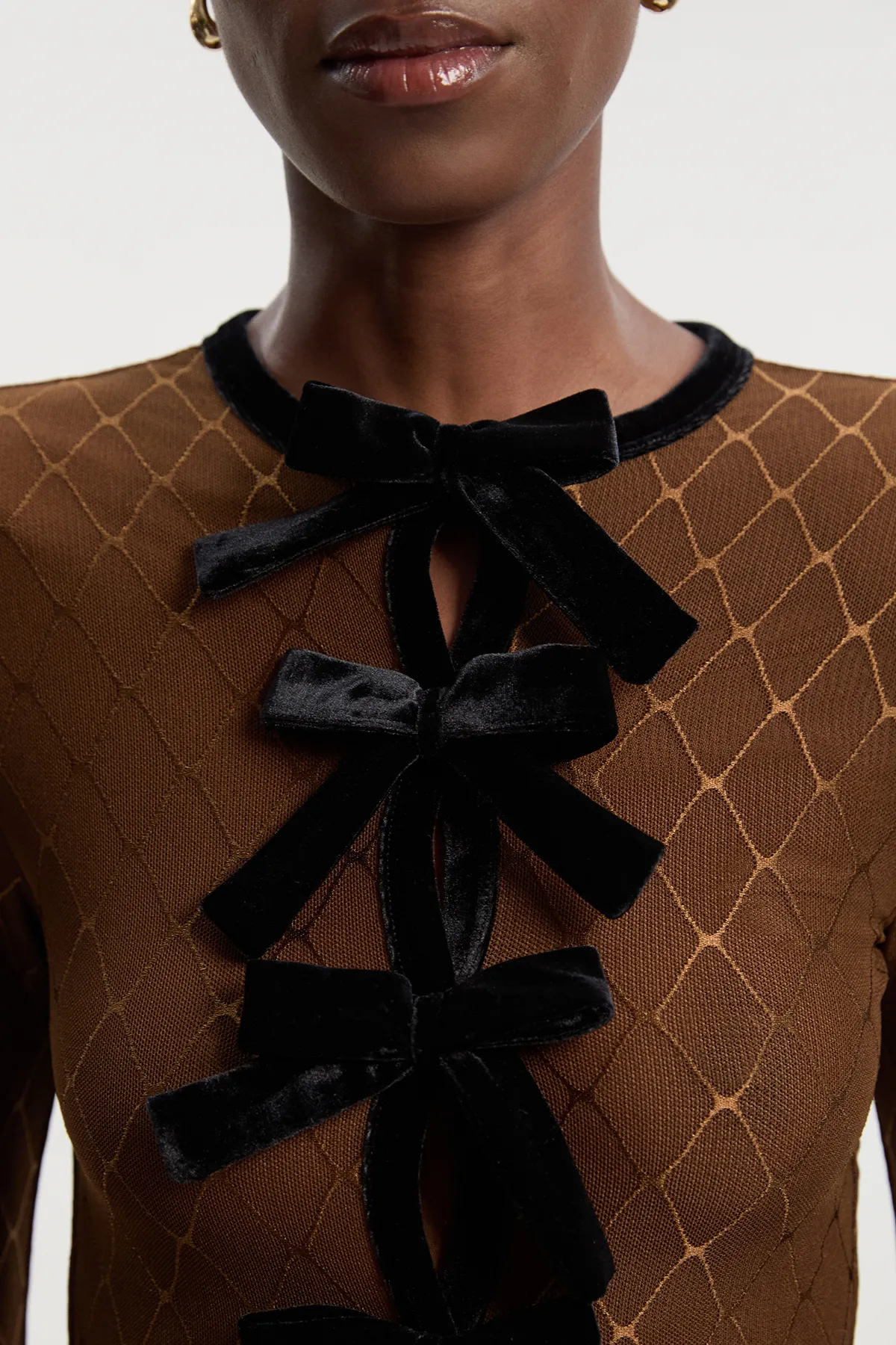 Mesh With Velvet Bow Trim Detail Crew Neck Long Sleeve Top BKK27034 3 Mesh With Velvet Bow Trim Detail Crew Neck Long Sleeve Top BKK27034