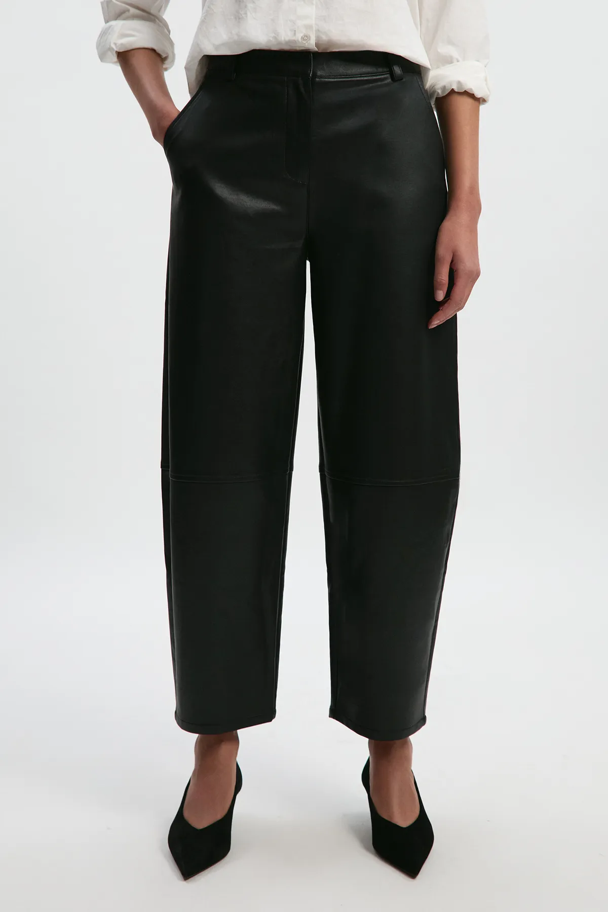 Faux Leather Barrel Leg Trouser BKK27045