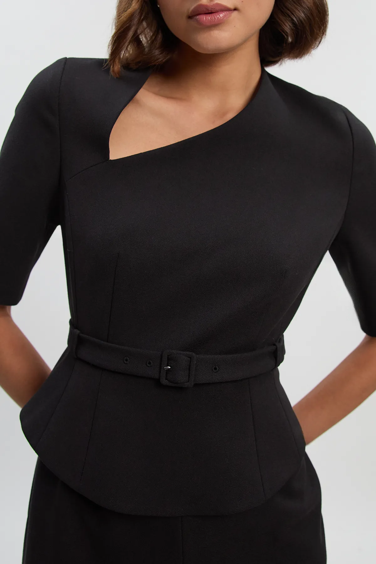 Structured Crepe Forever Asymmetric Neck Belted Pencil Midi Dress BKK27141 3 Structured Crepe Forever Asymmetric Neck Belted Pencil Midi Dress BKK27141