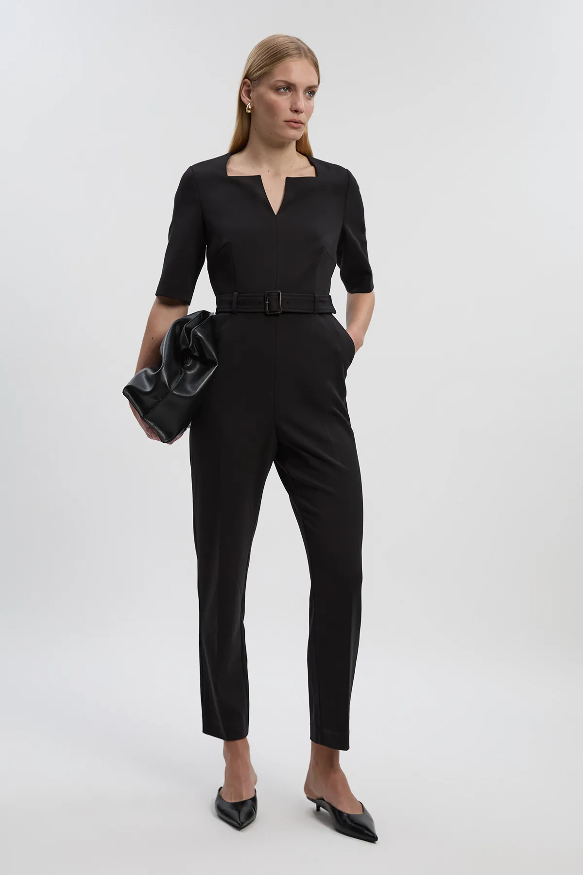 Structured Crepe Forever Notch Neck Belted Tailored Jumpsuit BKK27146
