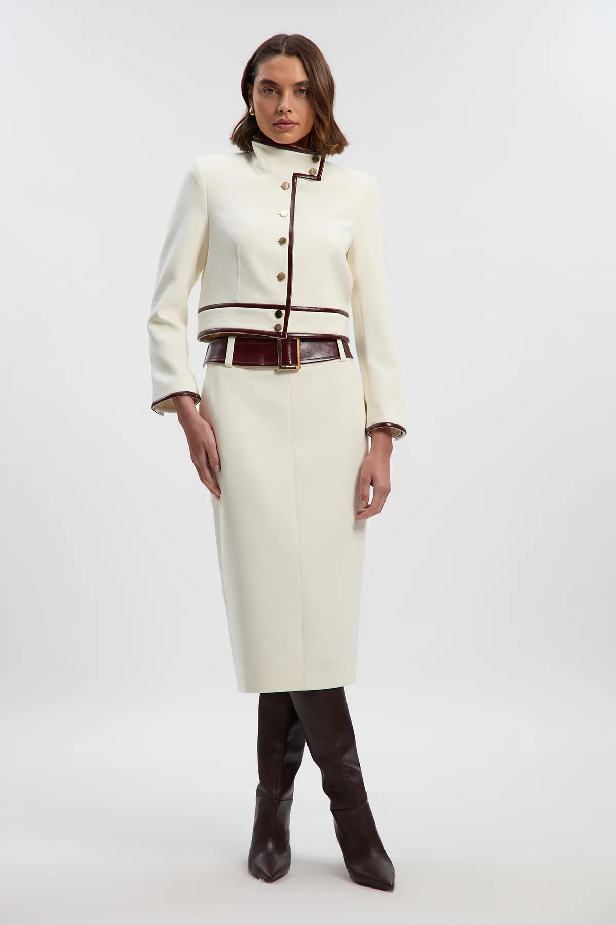 Compact Stretch Pu Mix Belted Tailored Pencil Skirt