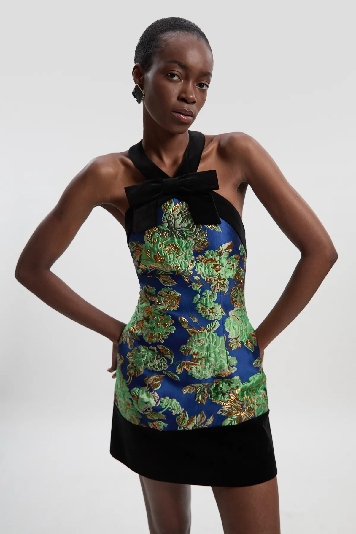 Velvet And Jacquard Contrast Halterneck Tailored Mini Dress BKK27155