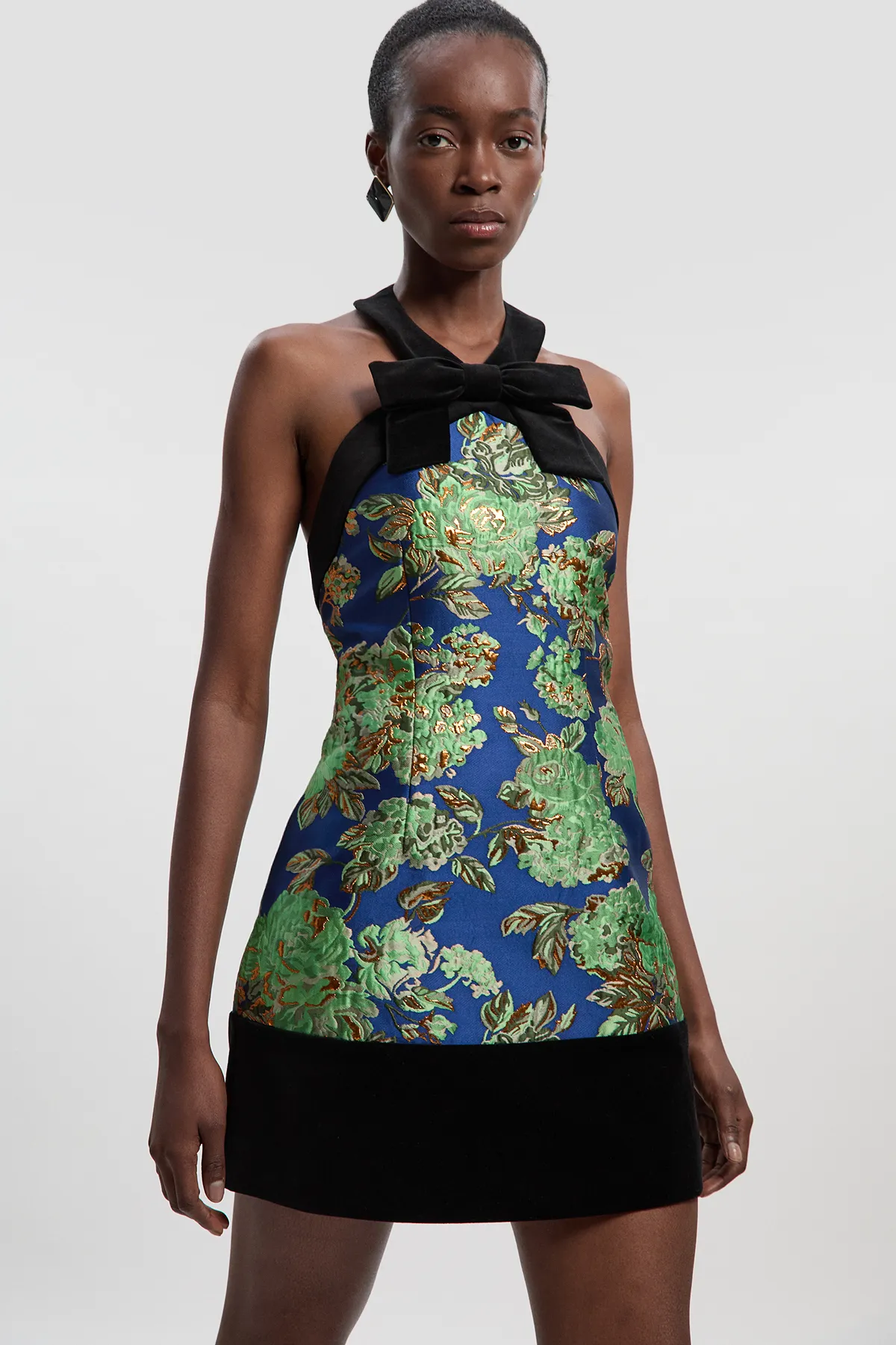 Velvet And Jacquard Contrast Halterneck Tailored Mini Dress BKK27155