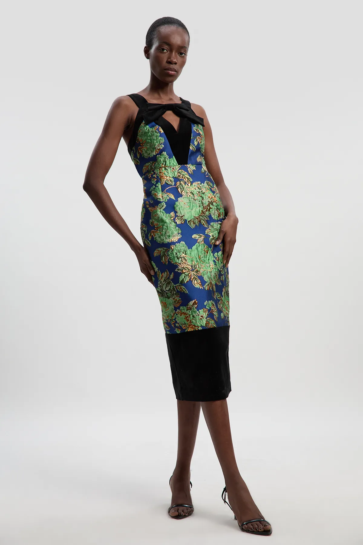 Velvet And Jacquard Contrast Strappy Tailored Midi Dress BKK27182