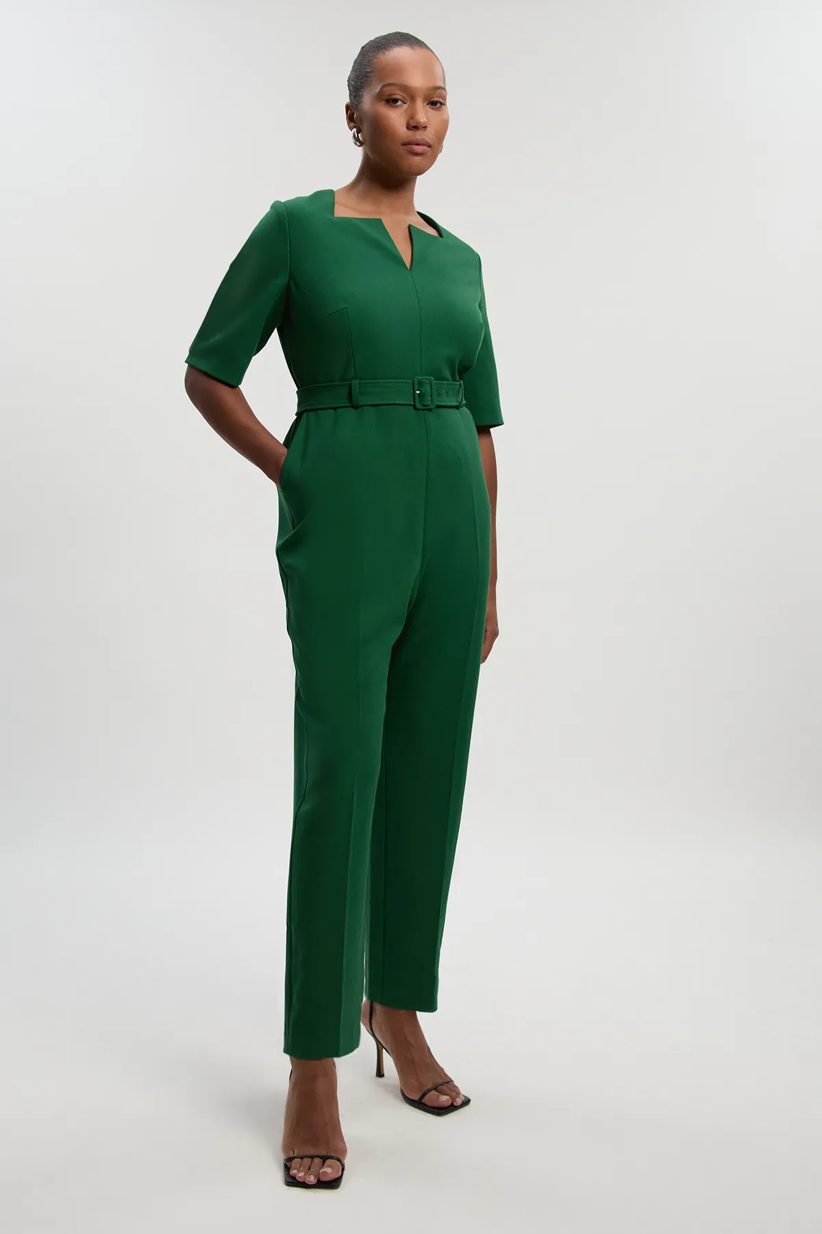 Plus Size Structured Crepe Forever Notch Neck Belted Tailored Jumpsuit BKK27188