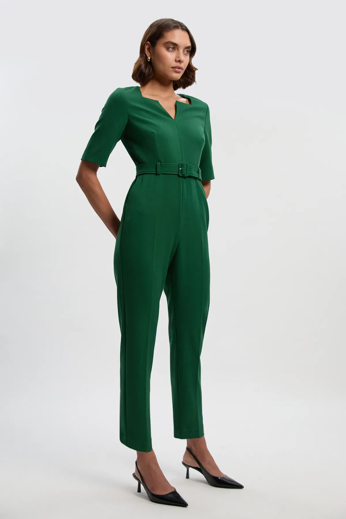 Petite Structured Crepe Forever Notch Neck Belted Tailored Jumpsuit BKK27187