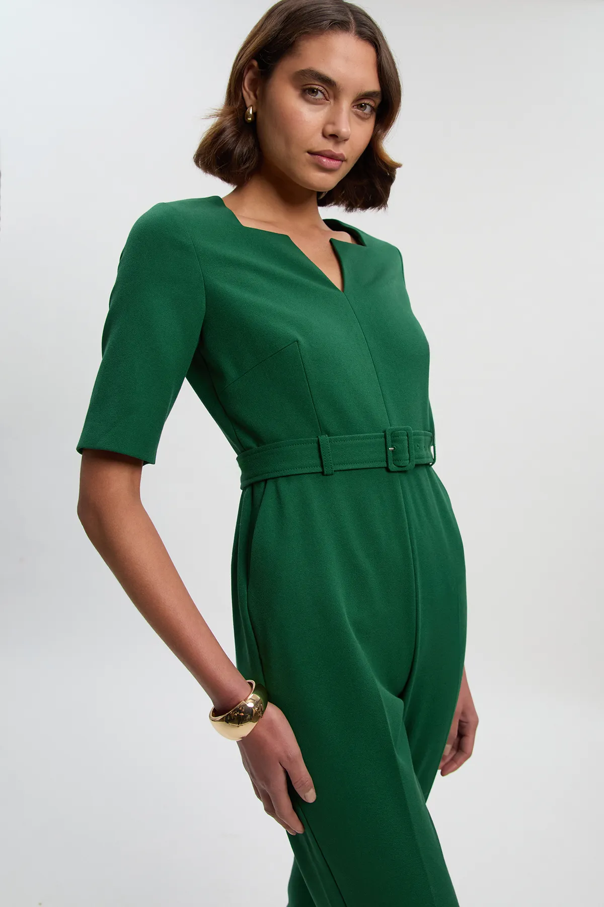 Petite Structured Crepe Forever Notch Neck Belted Tailored Jumpsuit BKK27187