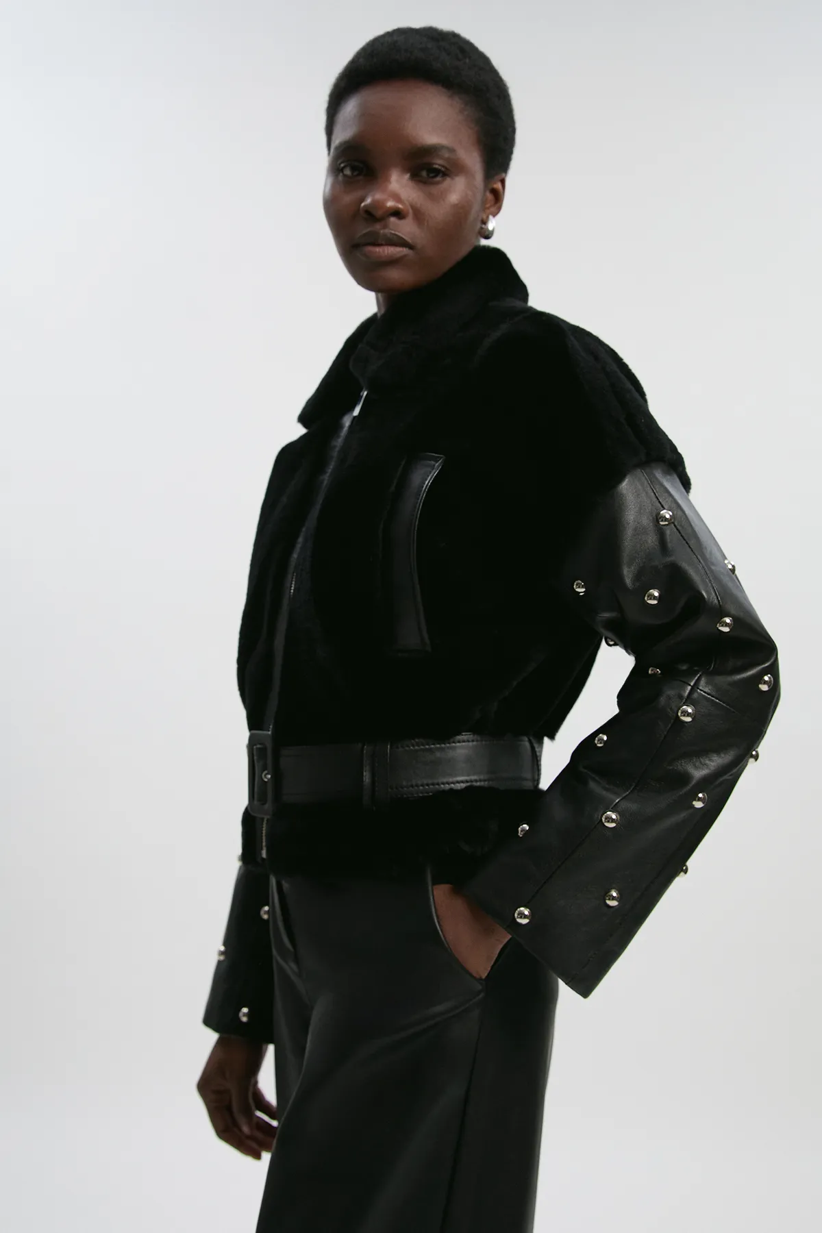 Shearling & Leather Mix Studded Moto Jacket BKK27211