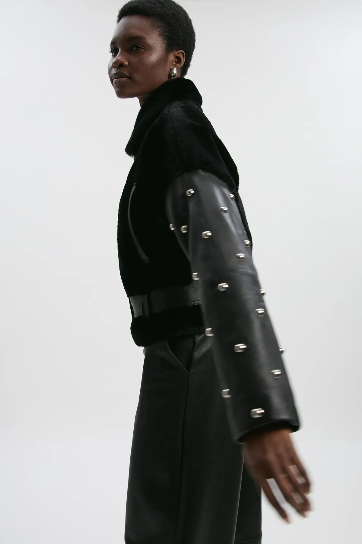 Shearling & Leather Mix Studded Moto Jacket BKK27211