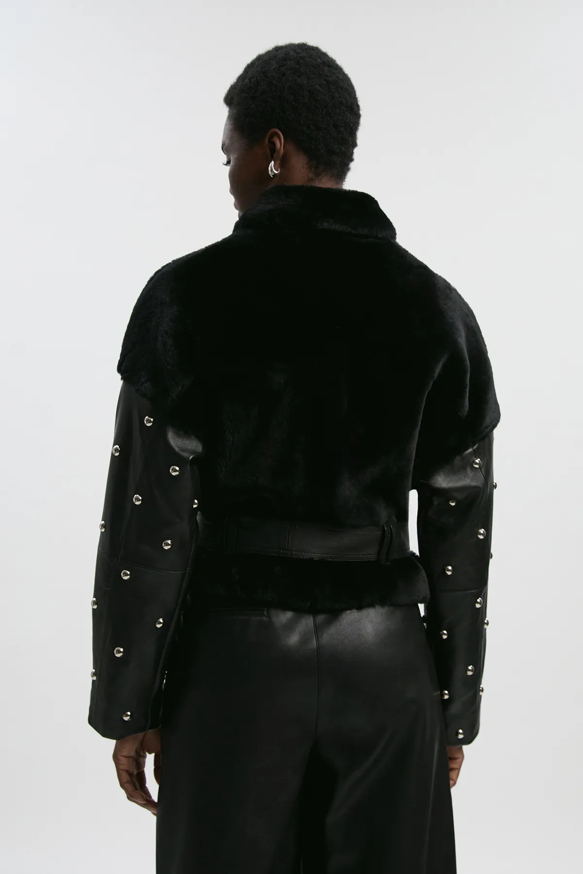 Shearling & Leather Mix Studded Moto Jacket BKK27211