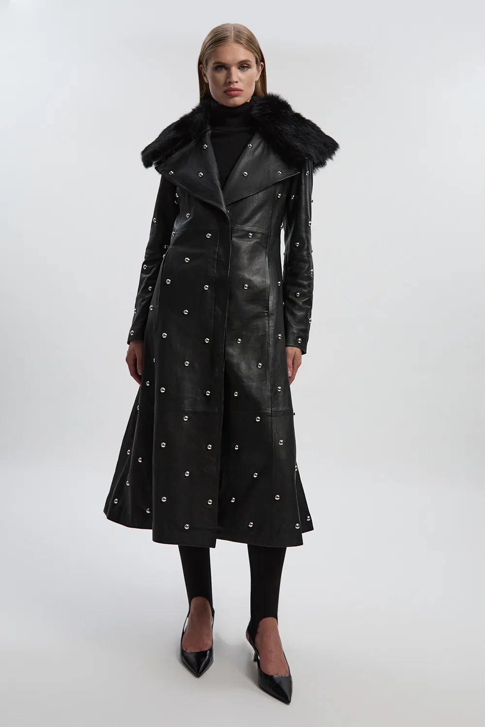 Leather & Shearling Collar Studded Belted Maxi Coat BKK27212