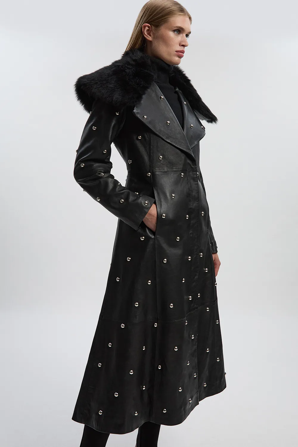 Leather & Shearling Collar Studded Belted Maxi Coat BKK27212