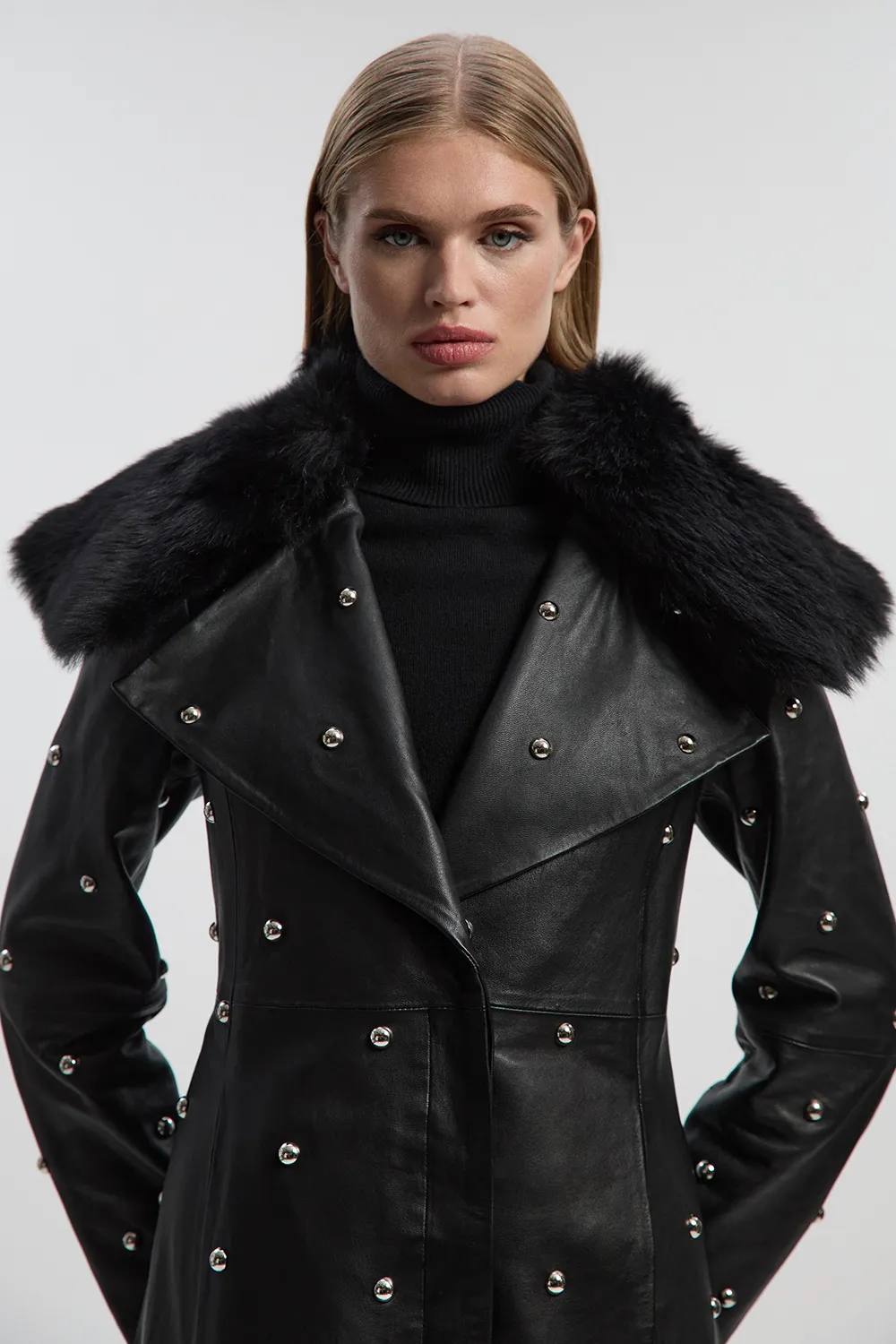 Leather & Shearling Collar Studded Belted Maxi Coat BKK27212 3 Leather & Shearling Collar Studded Belted Maxi Coat BKK27212