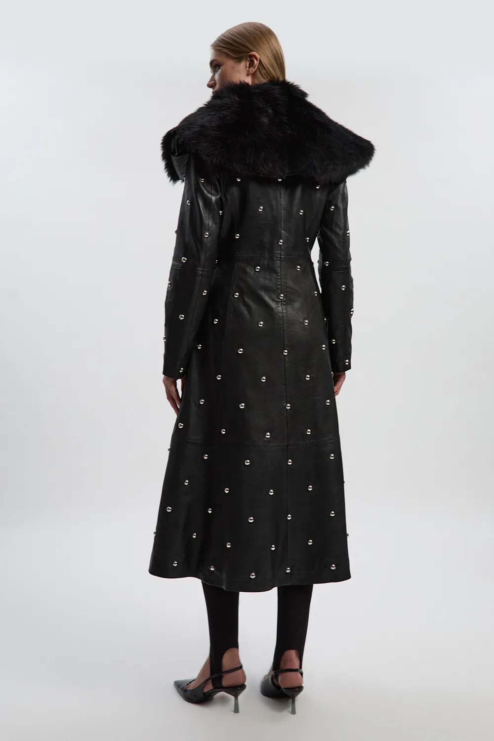 Leather & Shearling Collar Studded Belted Maxi Coat BKK27212 5 Leather & Shearling Collar Studded Belted Maxi Coat BKK27212