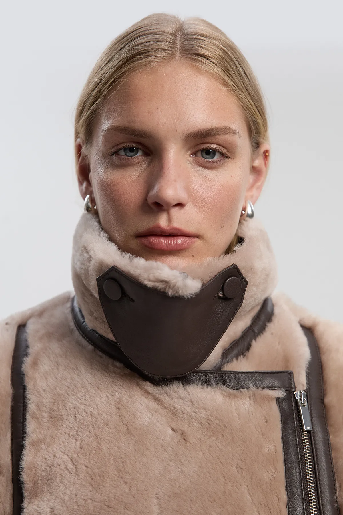 Shearling & Leather Tipped High Neck Coat BKK27225