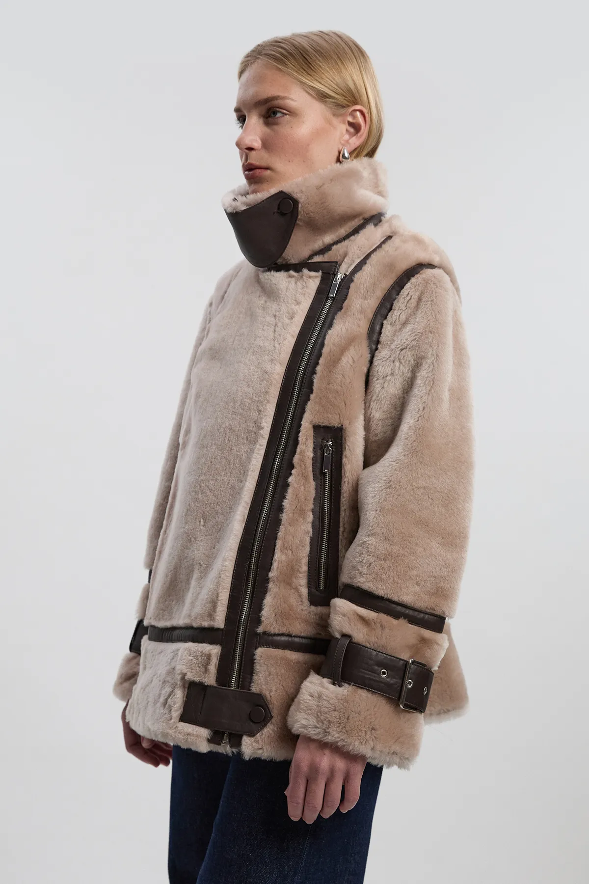 Shearling & Leather Tipped High Neck Coat BKK27225