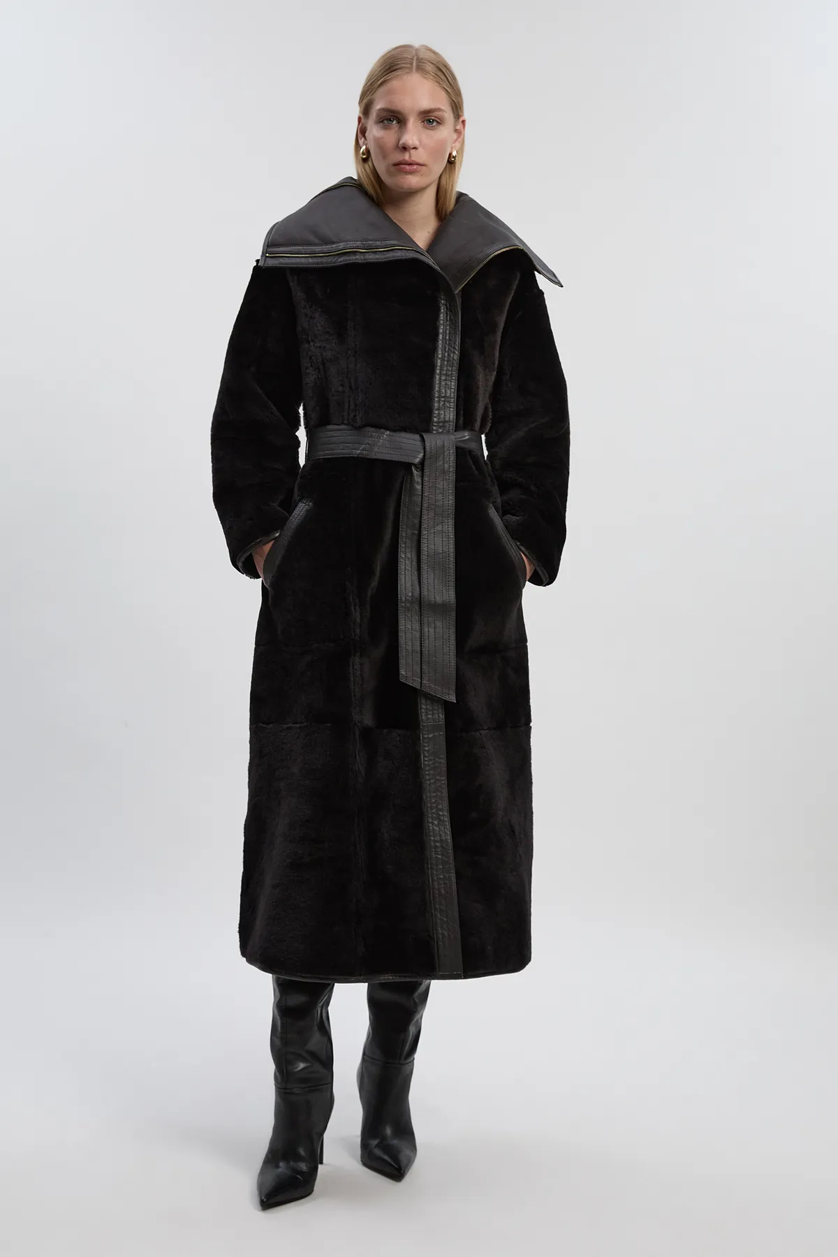 Reversible Shearling & Leather High Collar Maxi Coat BKK27235