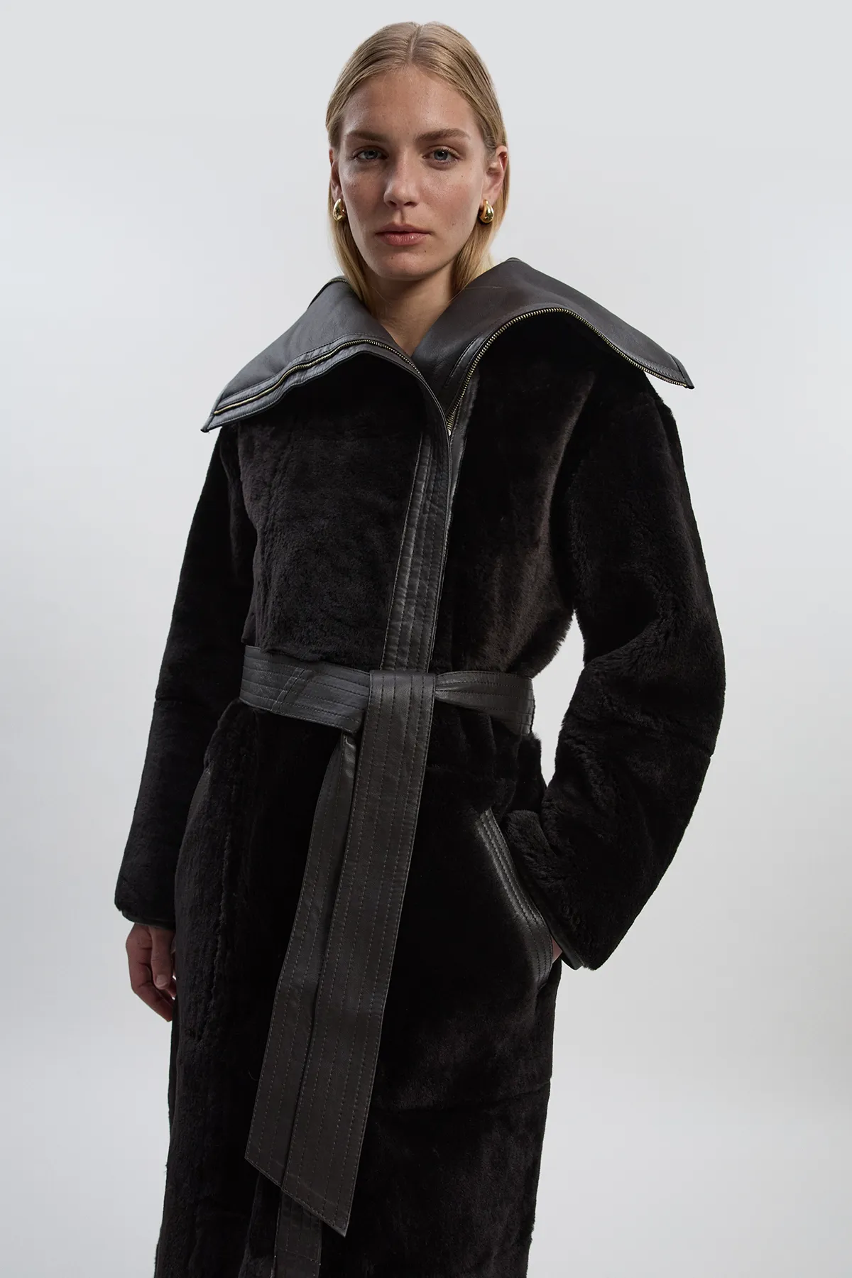 Reversible Shearling & Leather High Collar Maxi Coat BKK27235
