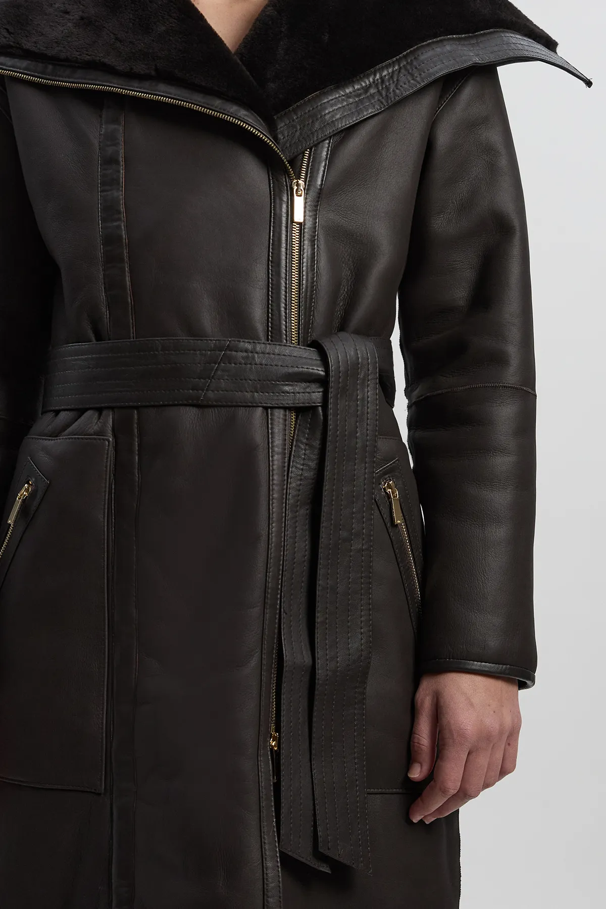 Reversible Shearling & Leather High Collar Maxi Coat BKK27235 4 Reversible Shearling & Leather High Collar Maxi Coat BKK27235