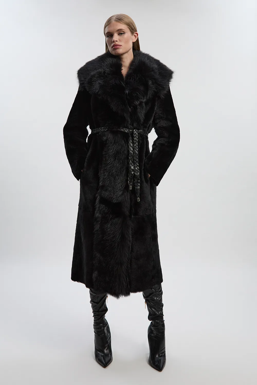 Reversible Shearling & Leather Belted Maxi Coat BKK27236